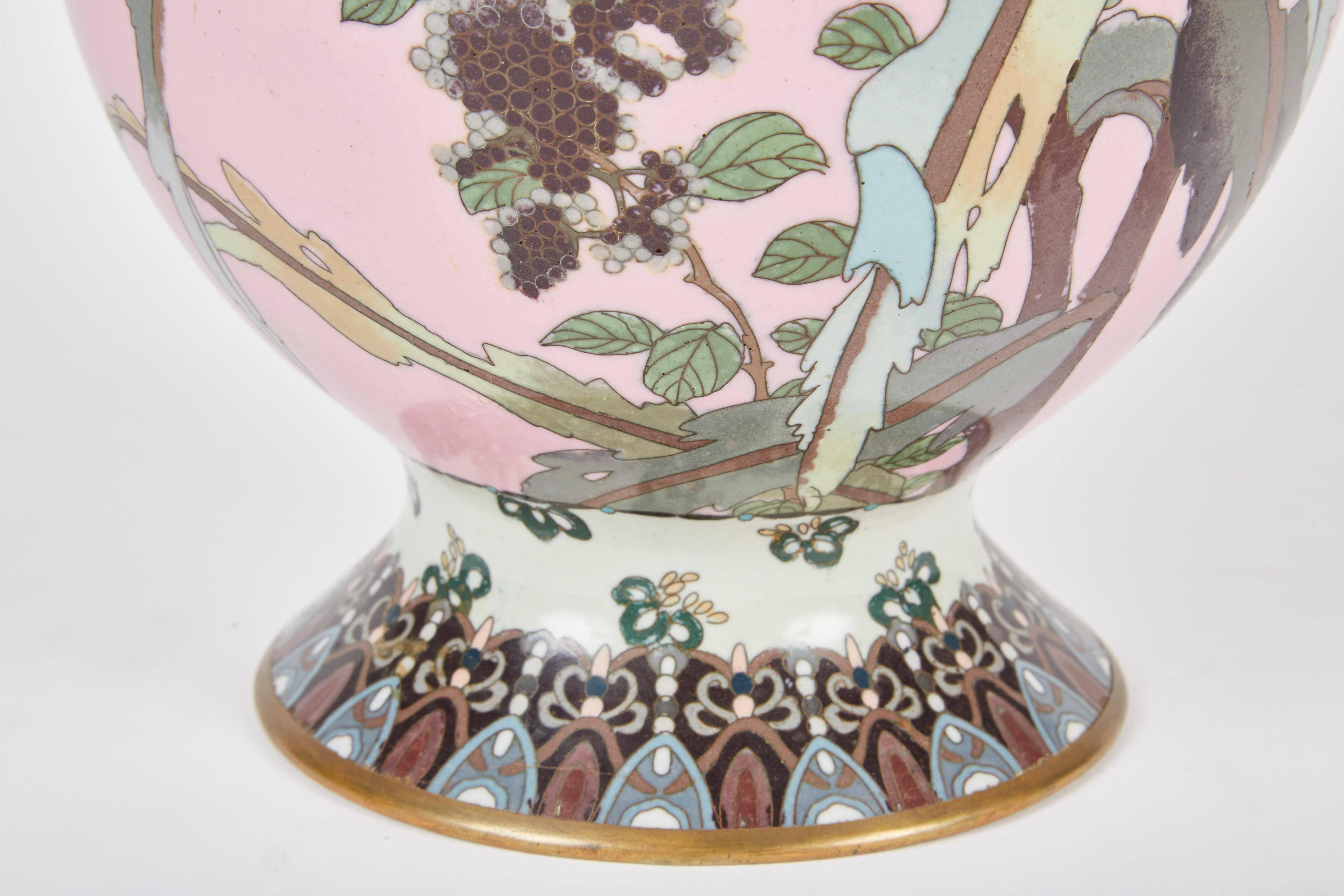 Rare Pair of Japanese Late 19th Century Pink Cloisonné Vases 1