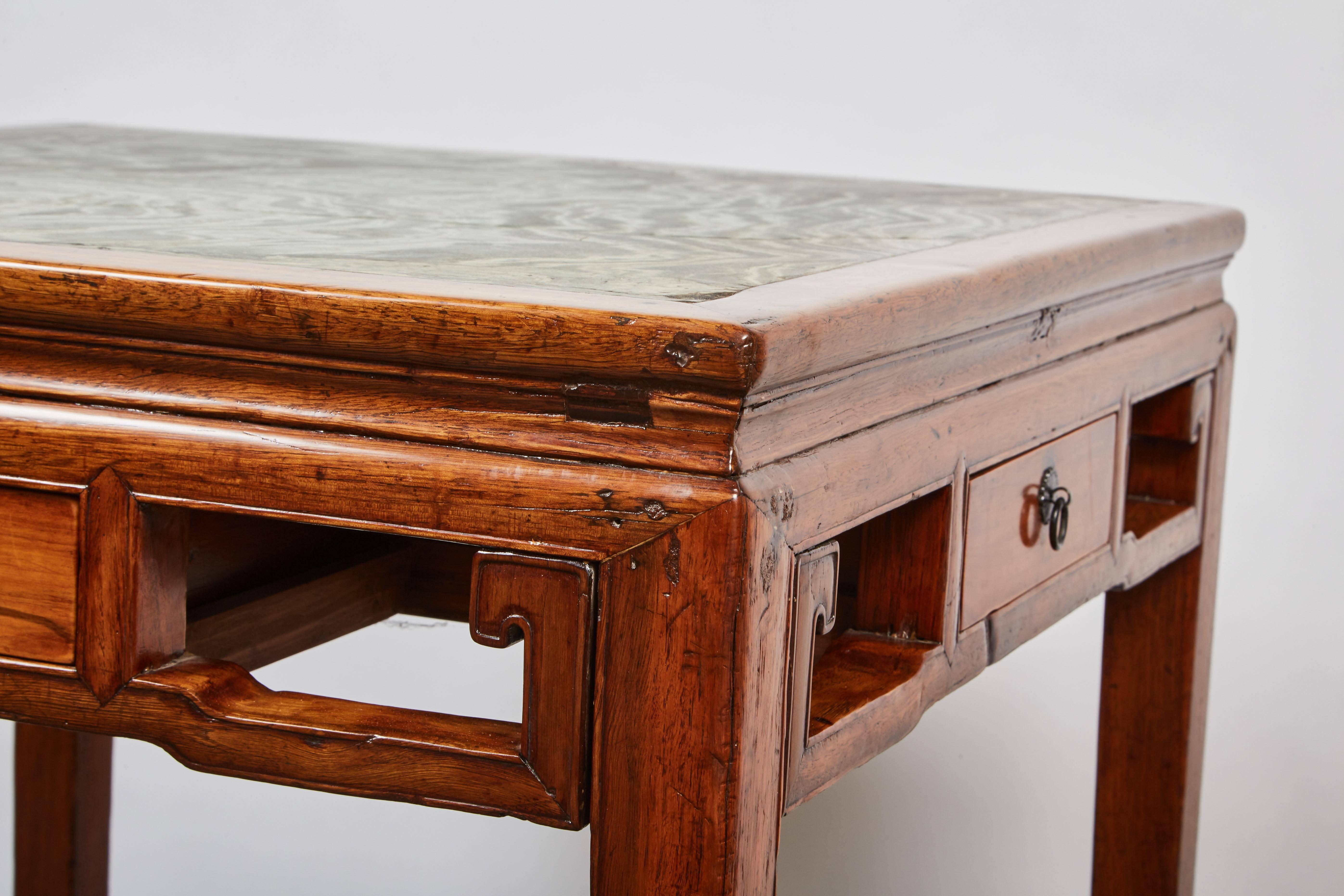 Qing 18th Century Chinese Four-Drawer Cedar Square Table with Green Marble For Sale