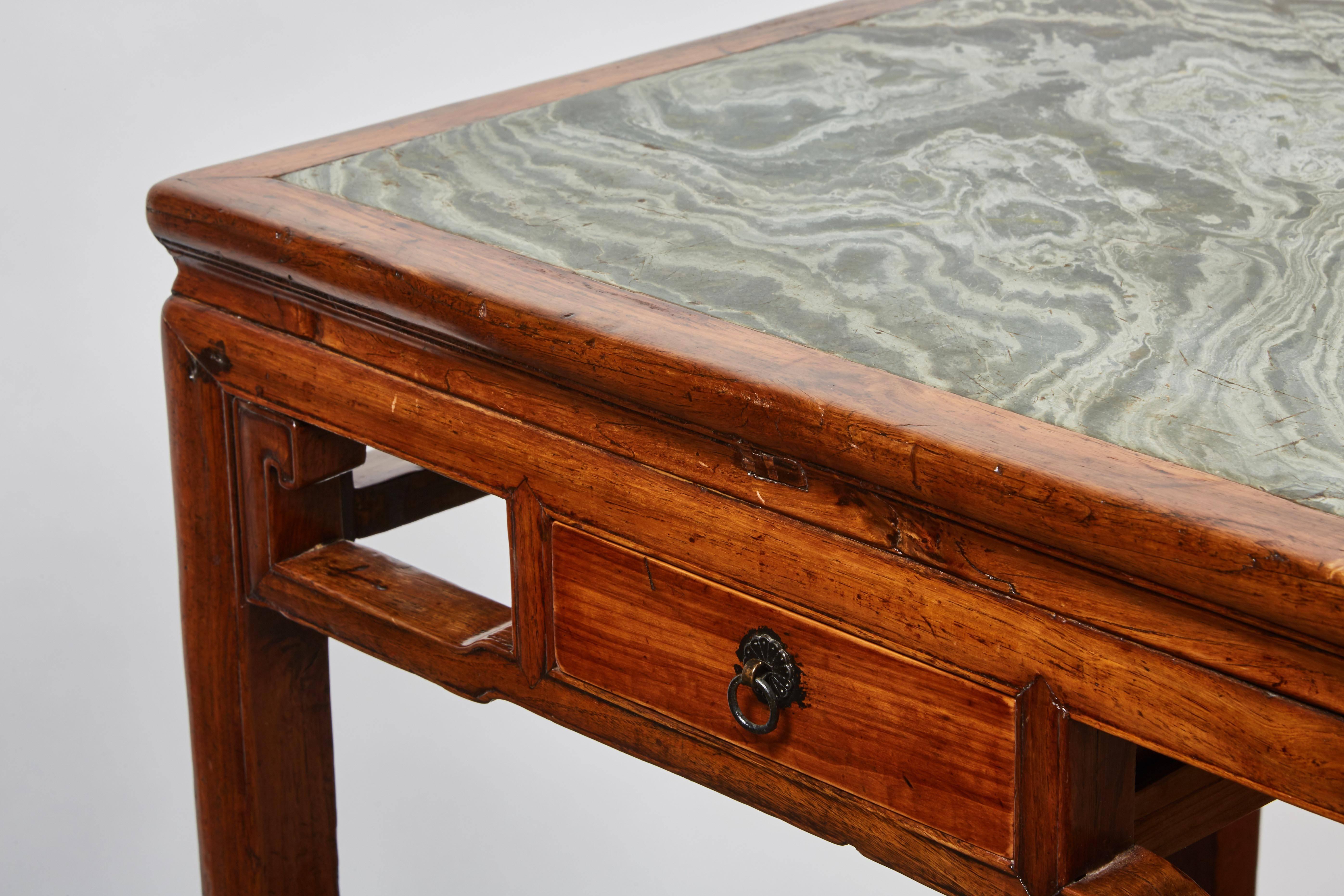18th Century Chinese Four-Drawer Cedar Square Table with Green Marble In Good Condition For Sale In Pasadena, CA