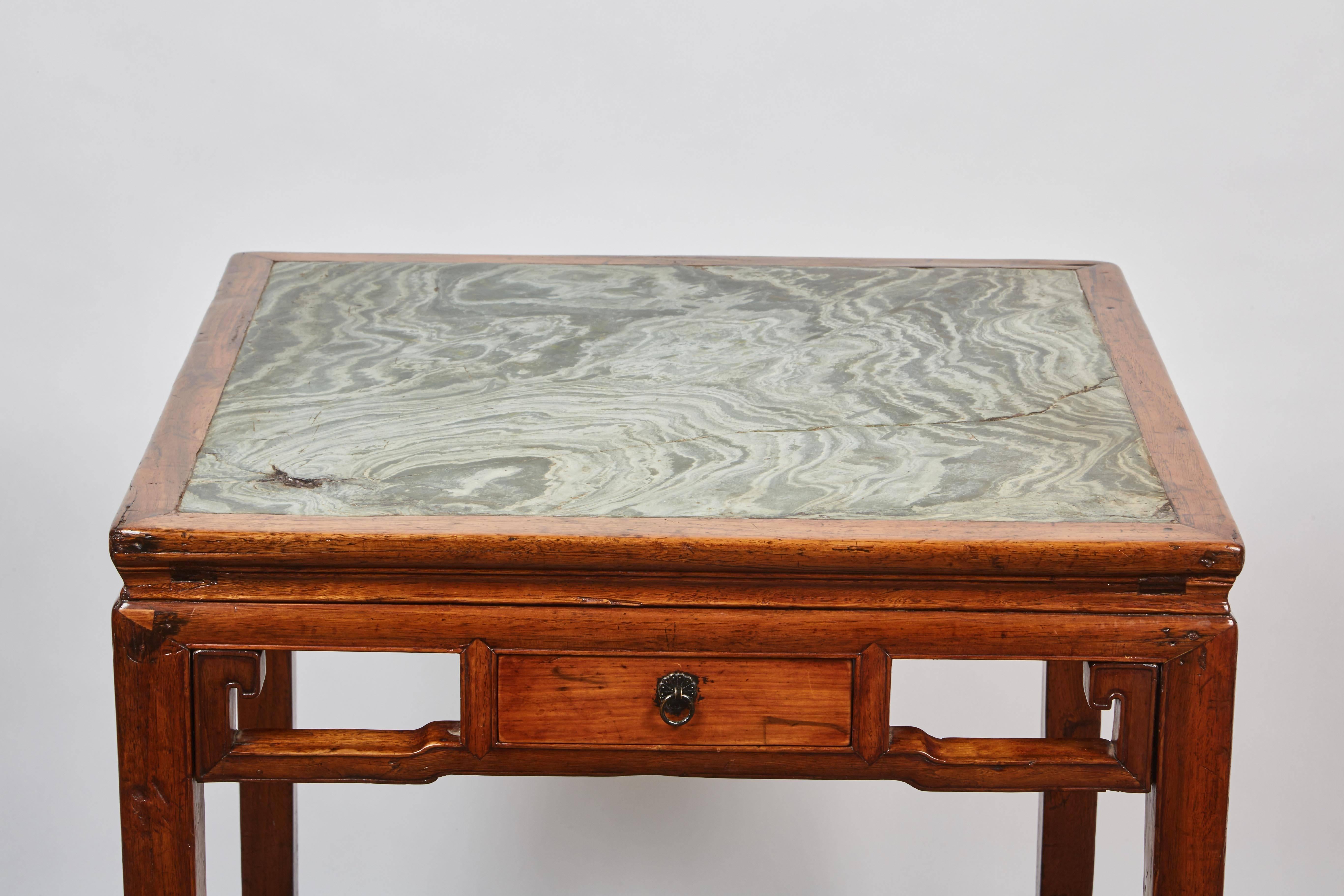 Excellent four-drawer cedar square Mahjong table from Shanghai with N. China green bridge wood marble.