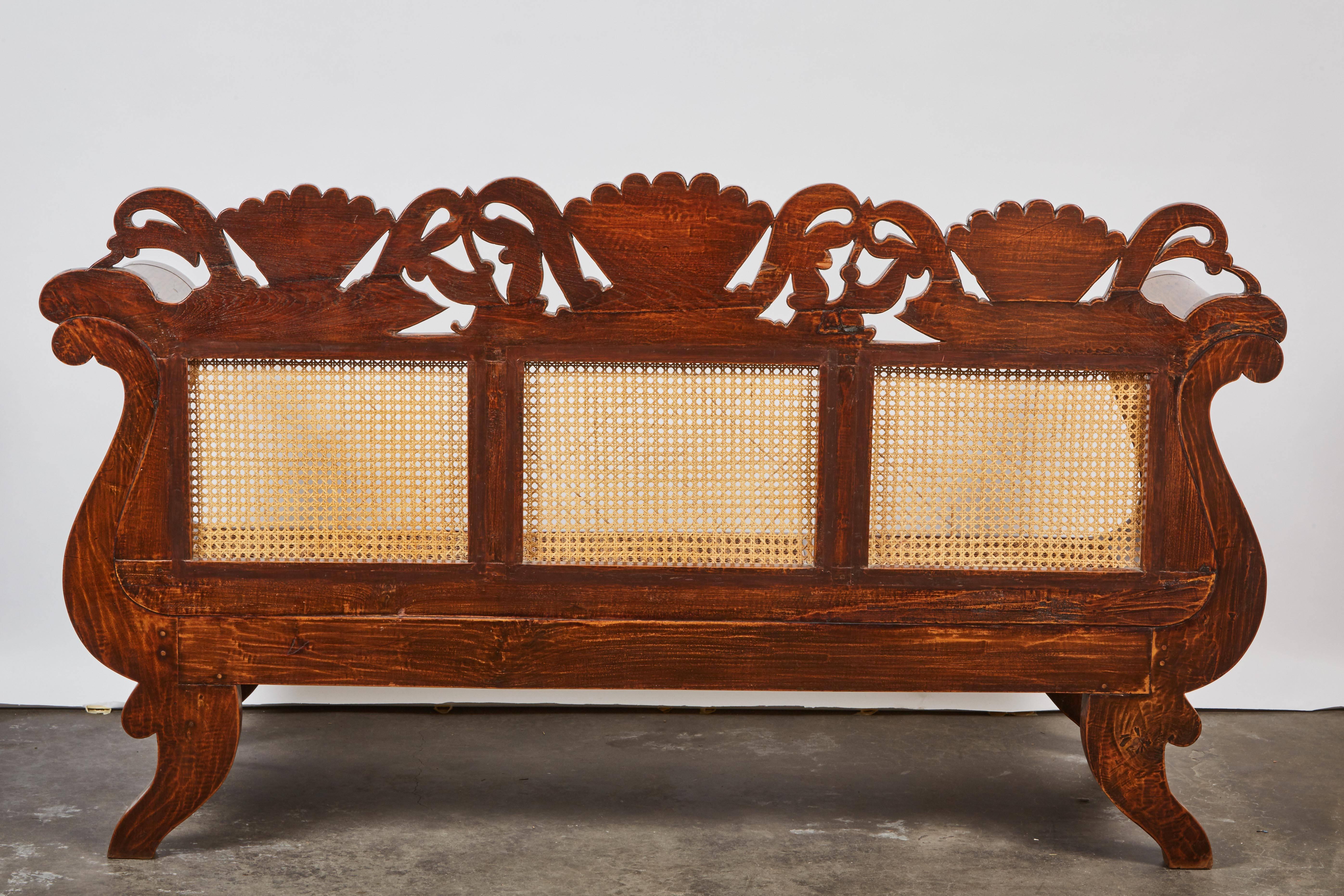 Indonesian Teak Settee with Carved Rattan/Wicker Back and Seat 2