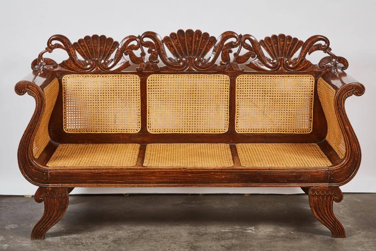  Indonesian Teak Settee with Carved Rattan Wicker Back and 