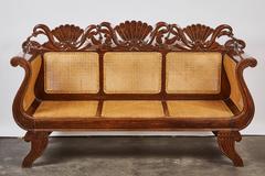 Indonesian Teak Settee with Carved Rattan/Wicker Back and Seat