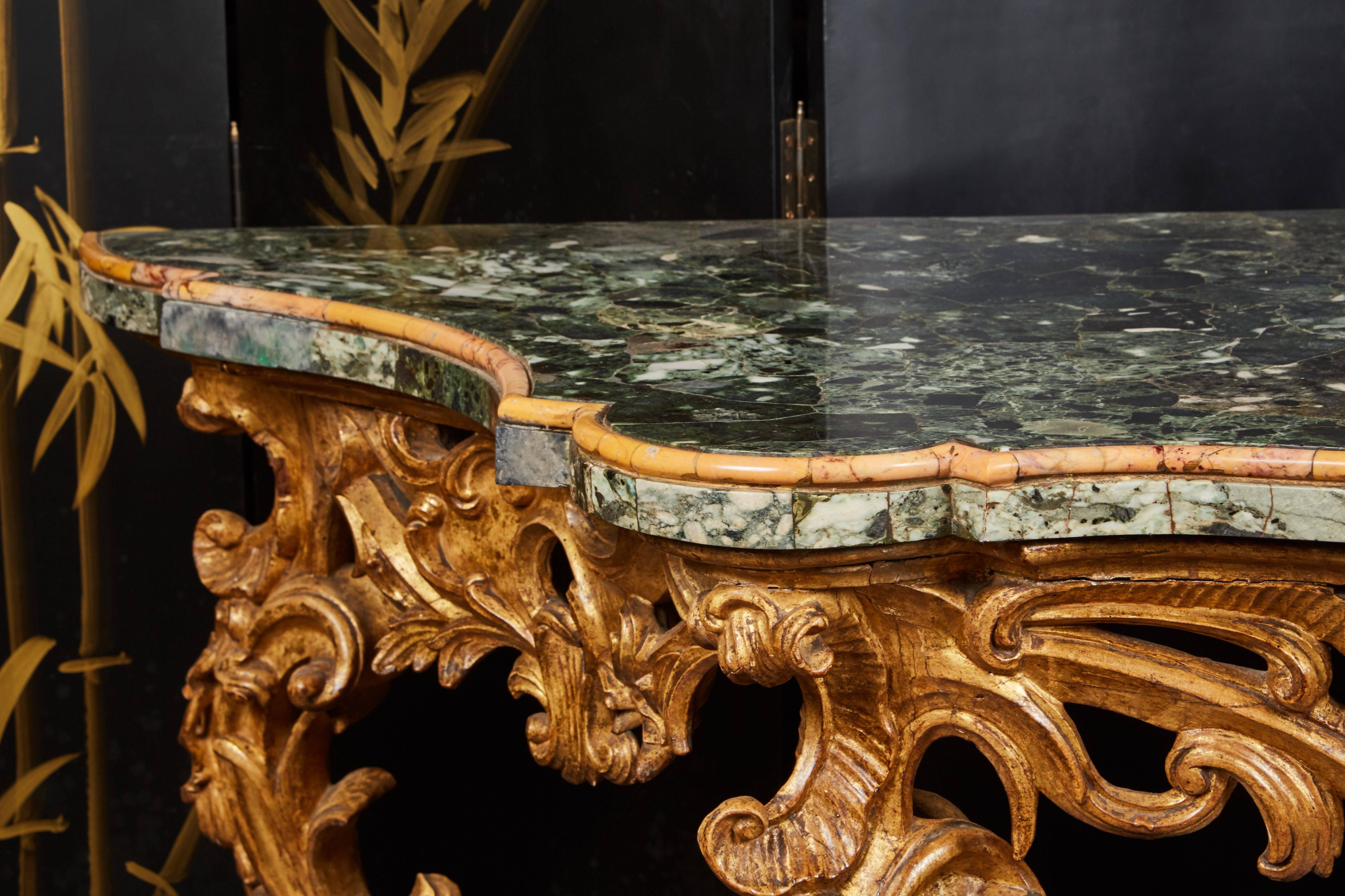 Large Mid-18th Century Italian Rococo Giltwood Green Marble-Top Console In Good Condition For Sale In Pasadena, CA