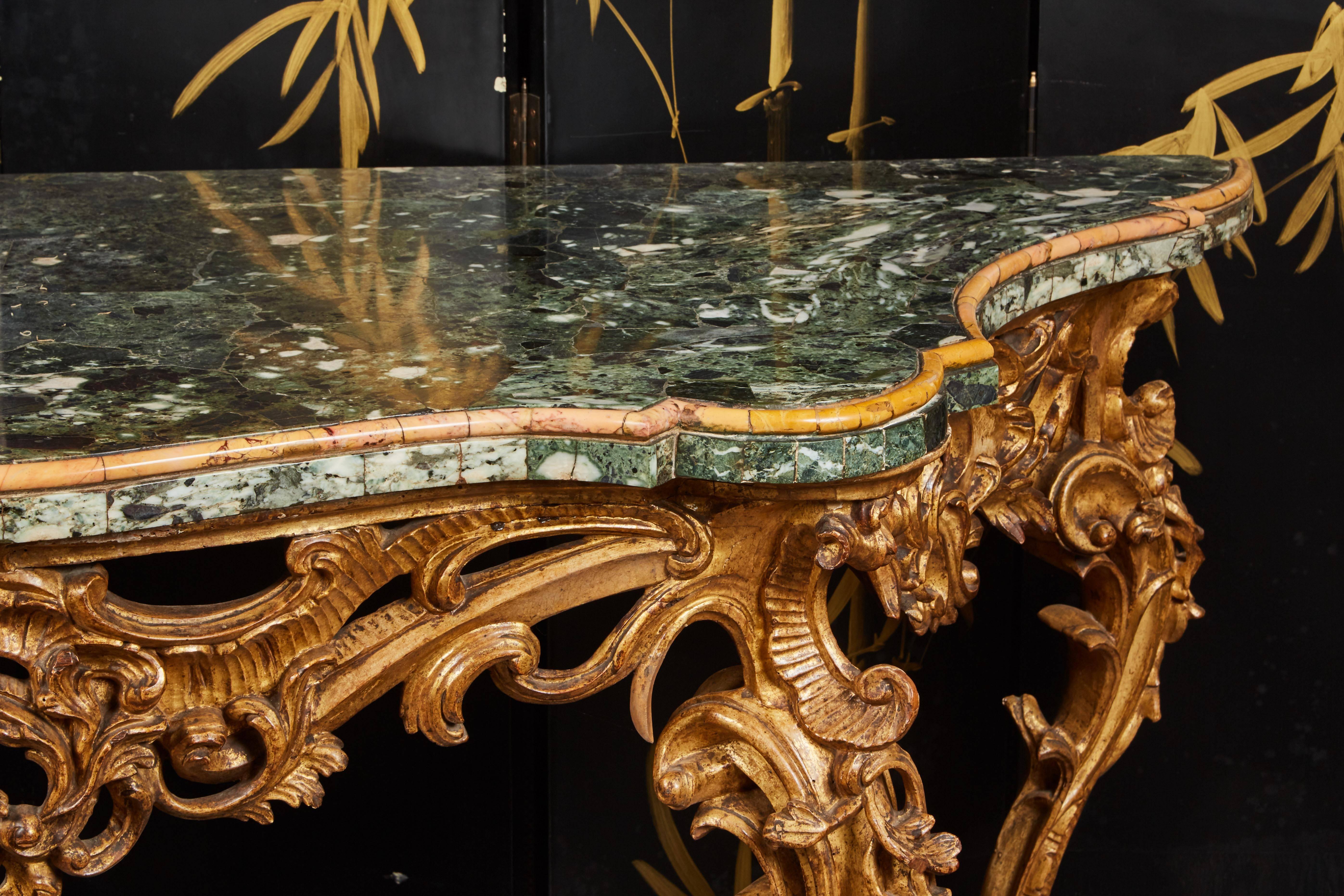 Large Mid-18th Century Italian Rococo Giltwood Green Marble-Top Console For Sale 1