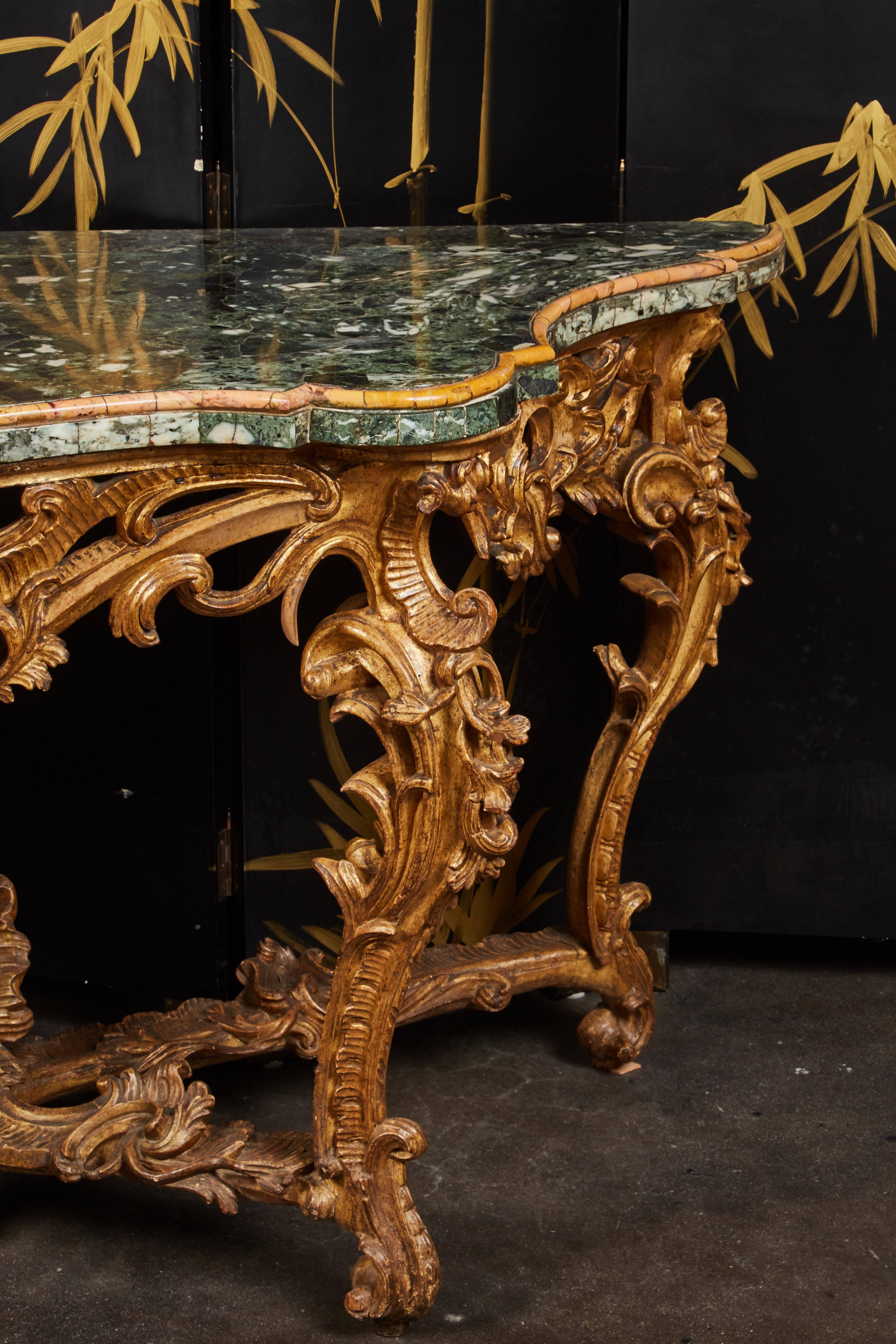 Large Mid-18th Century Italian Rococo Giltwood Green Marble-Top Console For Sale 3