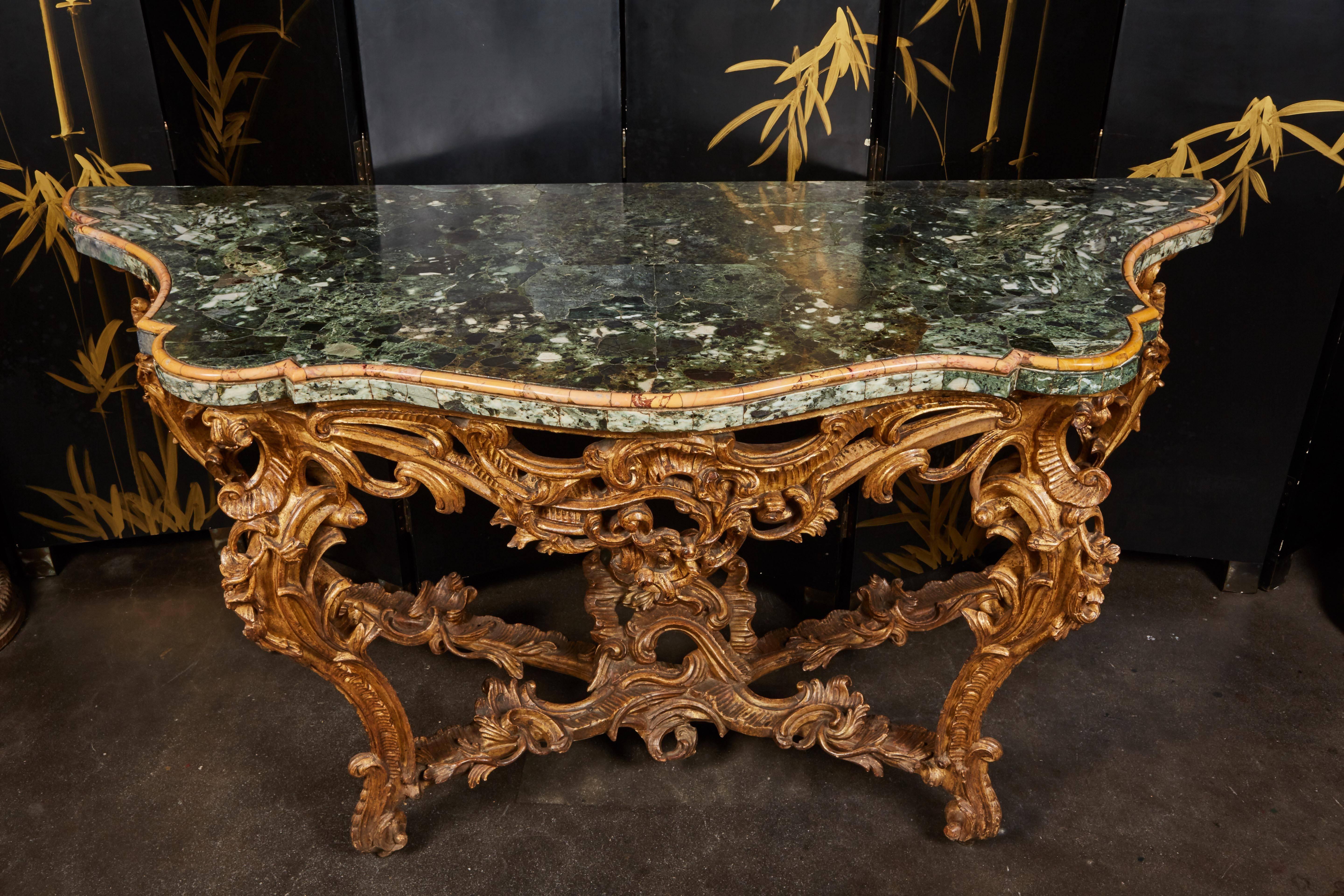Large Mid-18th Century Italian Rococo Giltwood Green Marble-Top Console For Sale 4