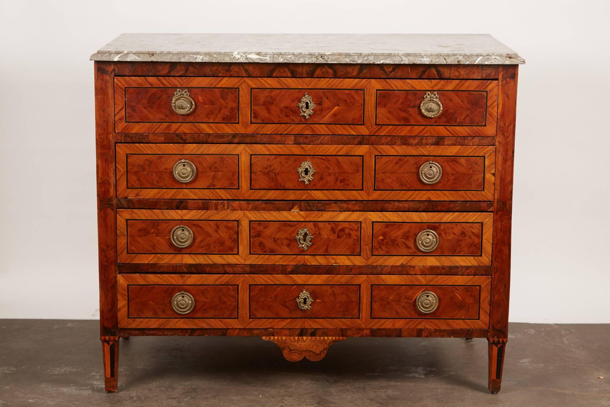 18th Century and Earlier 18th Century Italian Neoclassical Inlaid Chest of Drawers with Marble Top For Sale