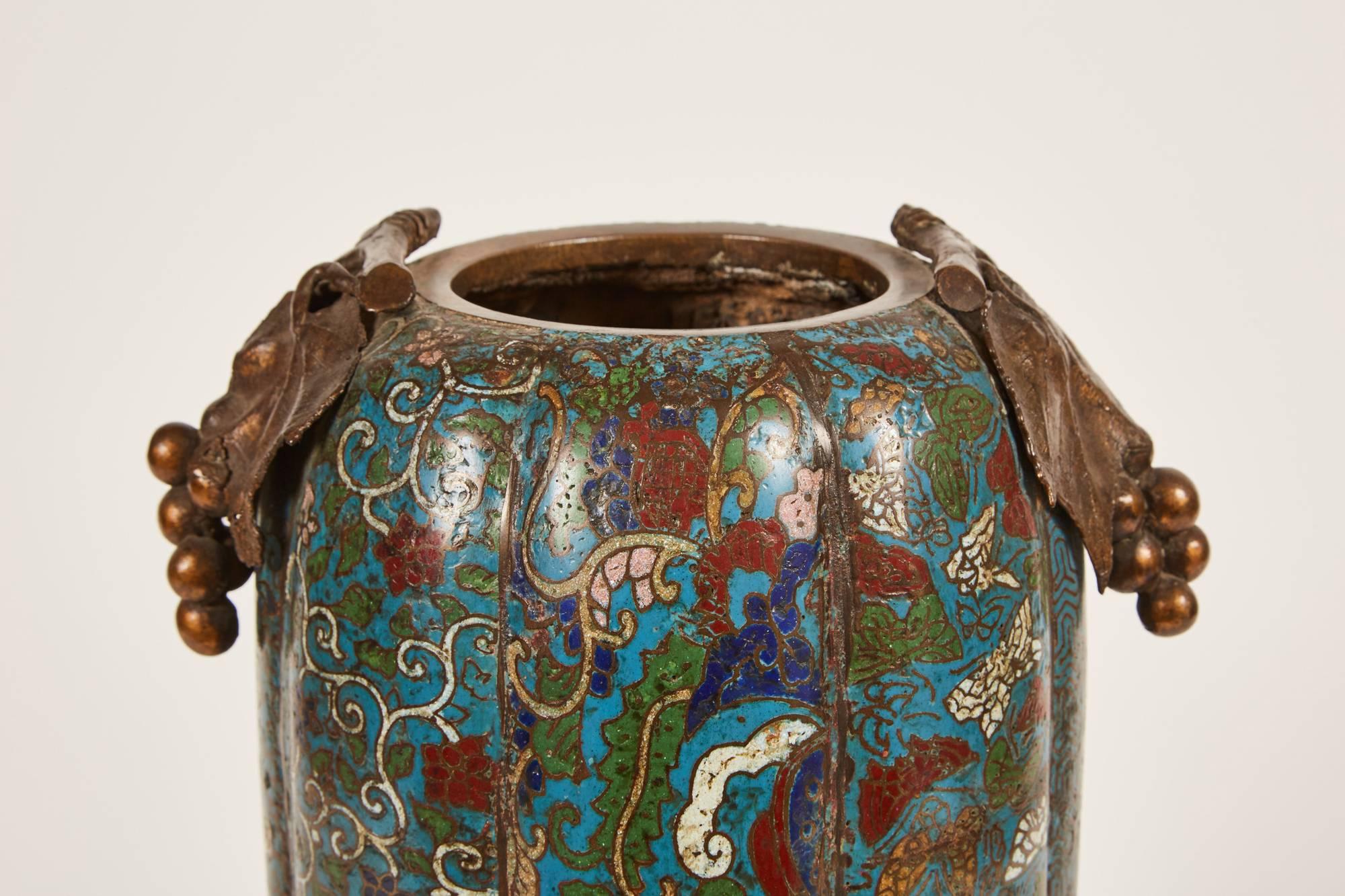 Qing 19th Century Chinese Cloisonné Vase with Grape Handles For Sale