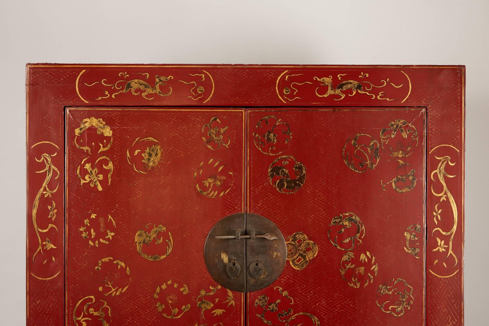19th Century Red with Gold Chinese Cabinet In Good Condition In Pasadena, CA
