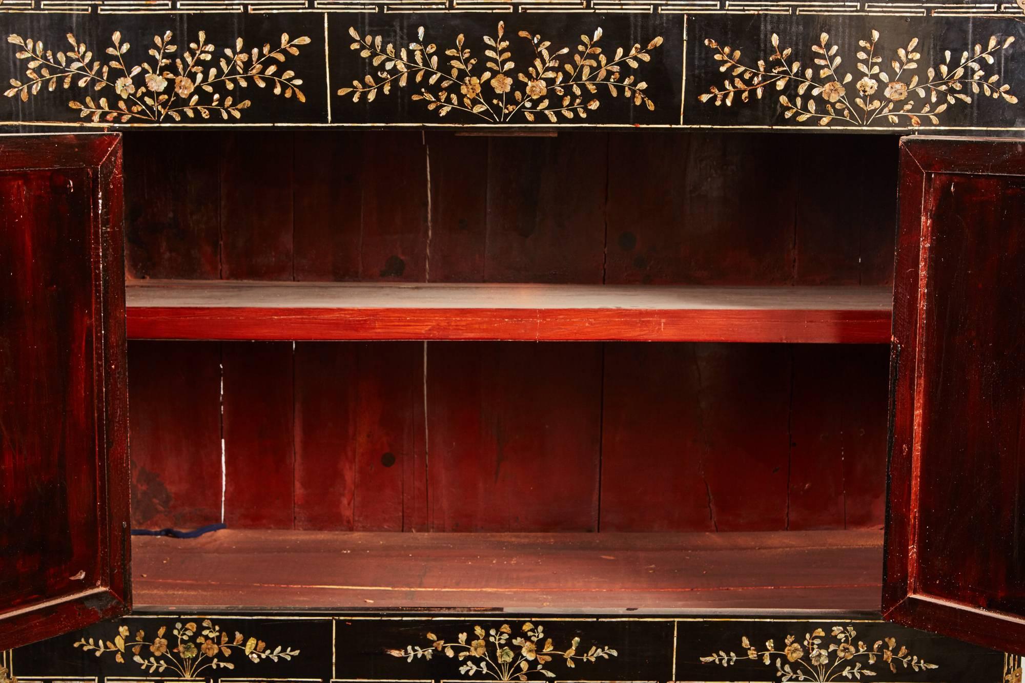Qing Early 20th Century Vietnamese Black Two-Door Cabinet on Black Stand