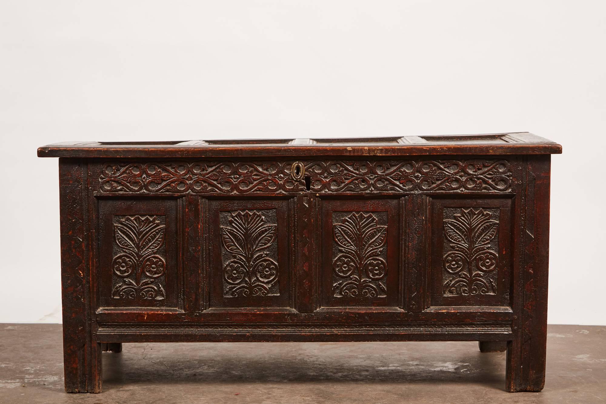 Baroque Late 18th Century English Carved Oak Trunk For Sale
