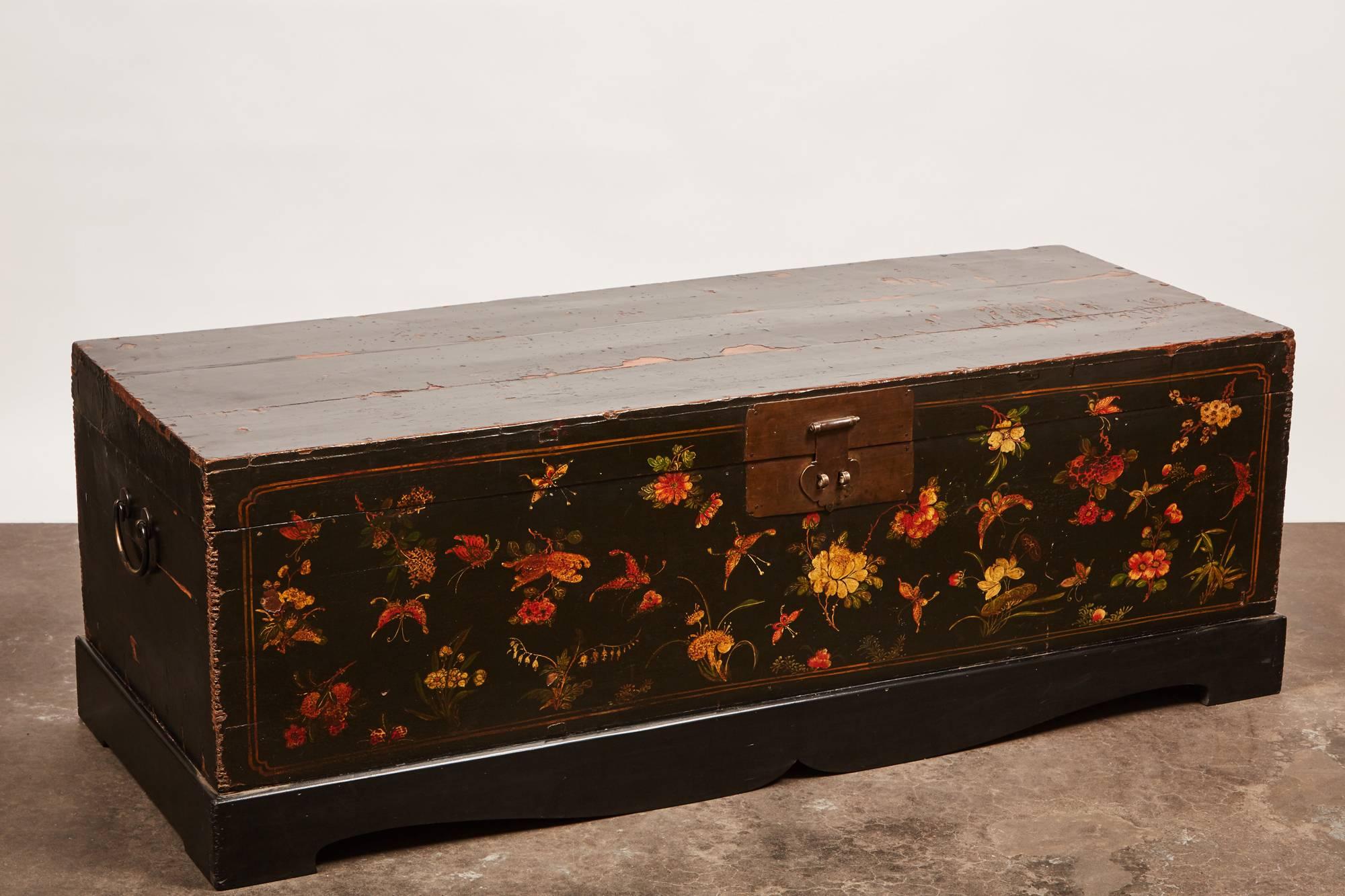 Chinese 19th Century Qing Style Lacquer Painted Trunk with Butterfly Motifs
