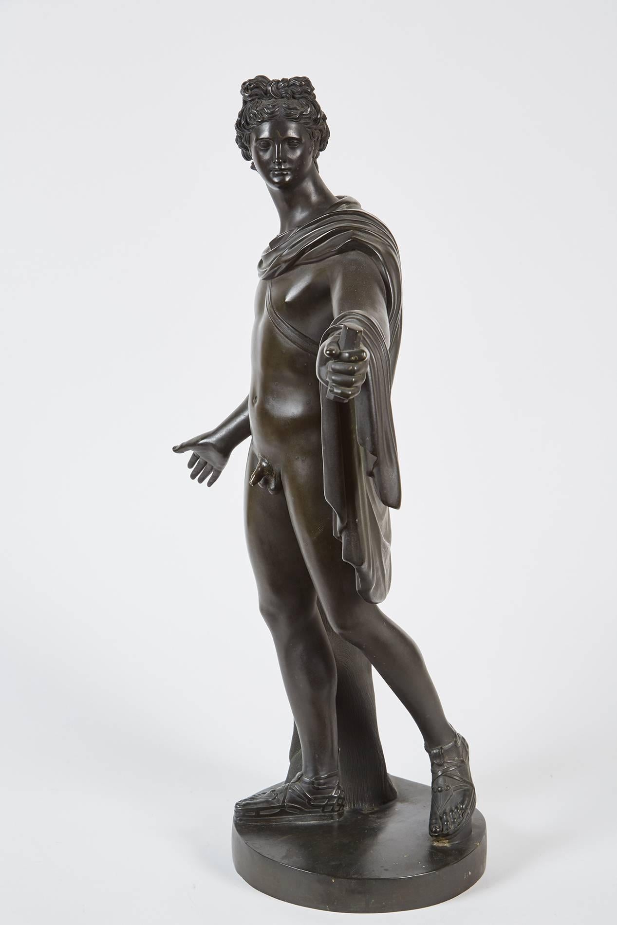 A late 19th century French bronze sculpture of Apollo Belvedere featuring a detailed garment draping over his shoulders and left arm. The figure seems to be holding an object while looking off to the left by a log with beautifully carved foliage.