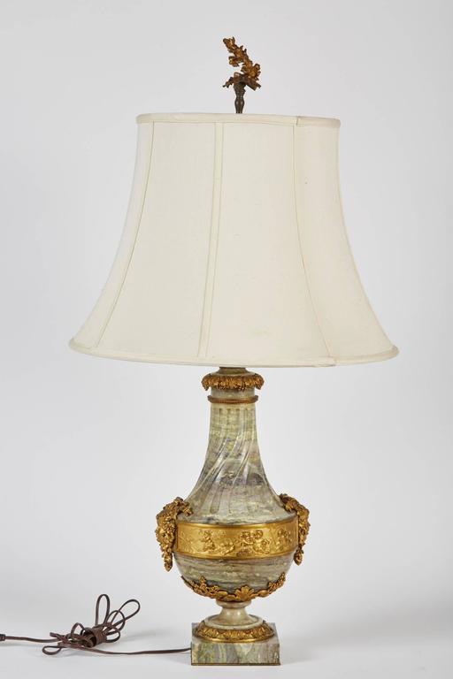 Pair of 19th Century, French Green Marble Lamps with Gilt Mounts and
