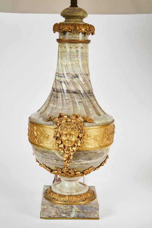 Pair of 19th Century, French Green Marble Lamps with Gilt Mounts and