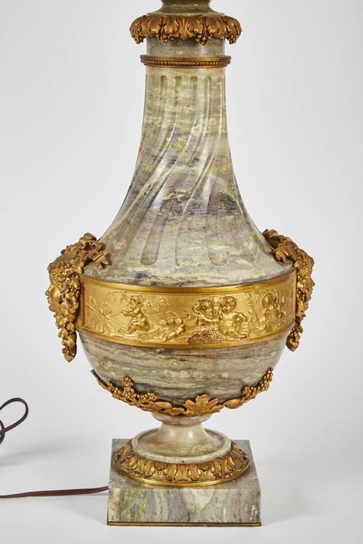 Pair of 19th Century, French Green Marble Lamps with Gilt Mounts and