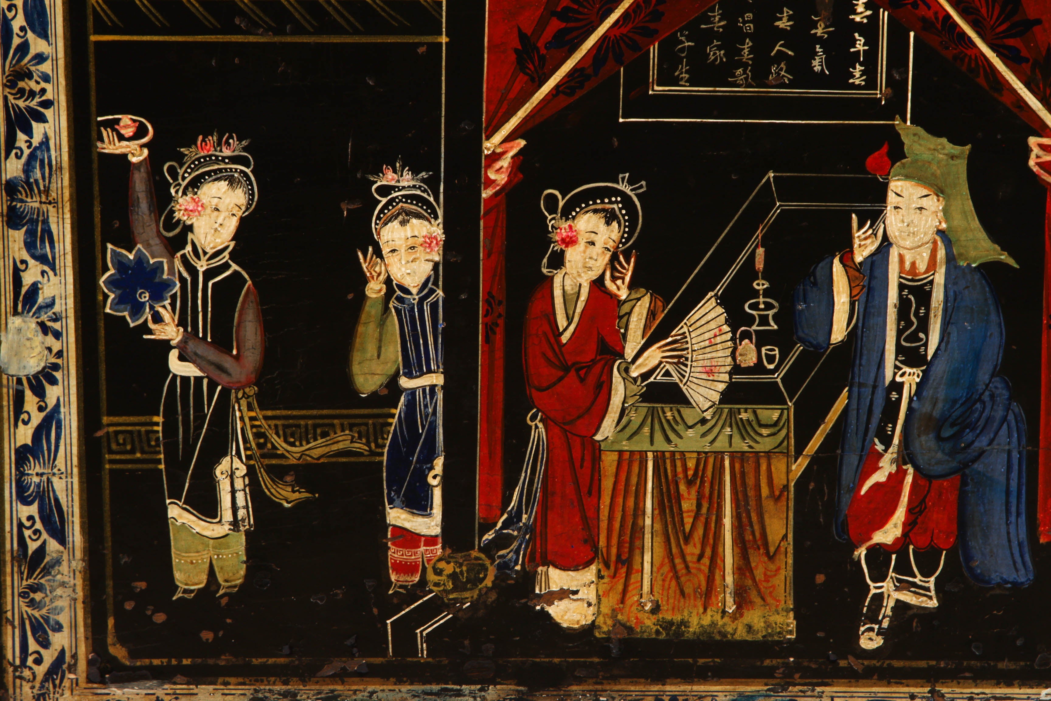 A vibrant chinoiserie painted motif on this chest.  The stand is new; the trunk is 19th Century. The chest opens for storage from the top. The trunk is profusely painted in bright floral motifs as well as depicting scenes of 19th Century China.