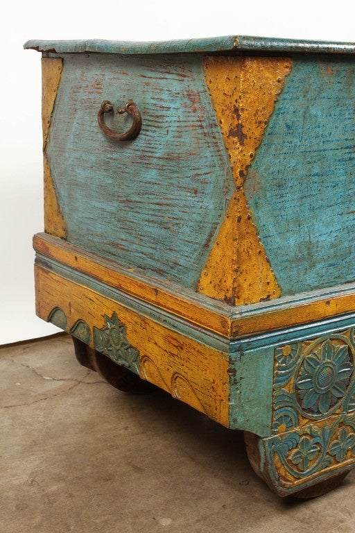 Teak Dutch Colonial Indonesian Painted Trunk on Wheels