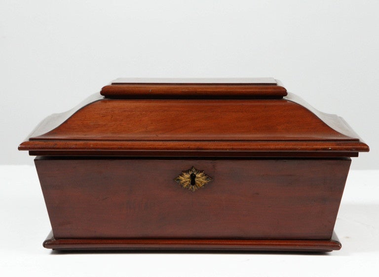 A mid-19th Century mahogany tea caddy, in a warm dark finish.  Sections of the inside of this Victorian era tea caddy are lined in blue velvet. The top of the caddy is slightly pyramid-shaped and is easily grasped for opening.