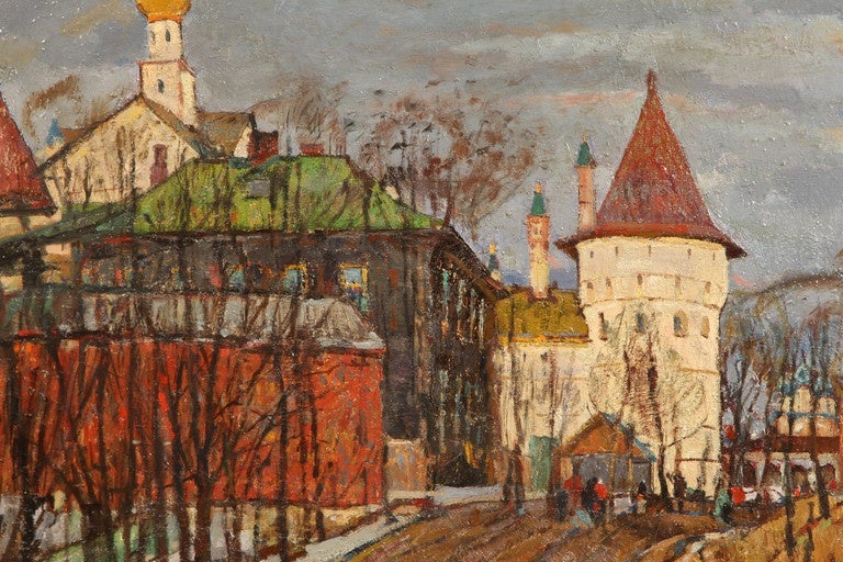 Peint en 1969, à l'apogée de Timkov, ce tableau représente le Kremlin de Rostov, l'un des sujets préférés de Timko, qui n'est pas un paysage. Signé et daté au verso et signé au recto. Le cadre est doré et peint, mettant très bien en valeur les