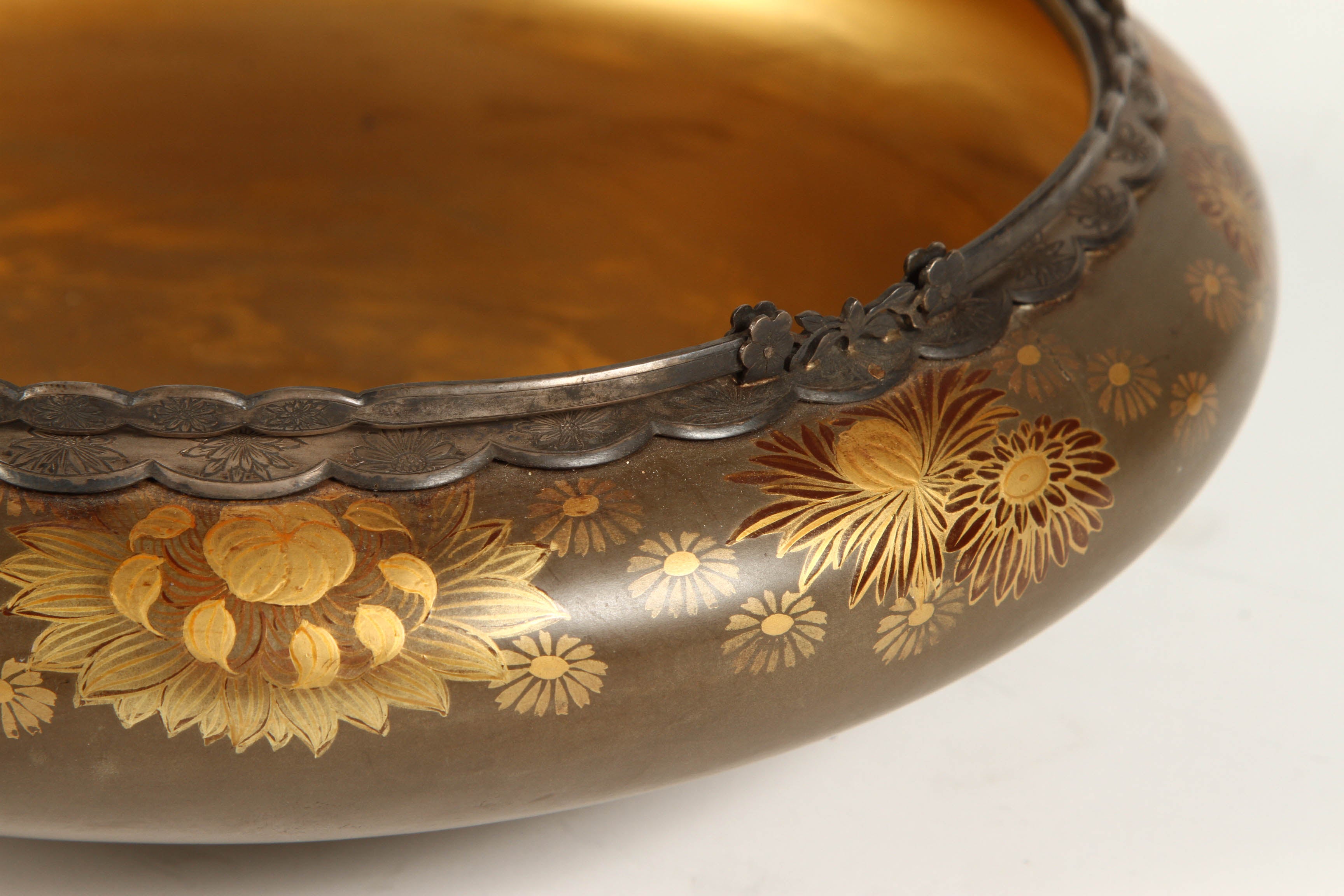 Meiji Japanese Lacquer Bowl with Silver Handles