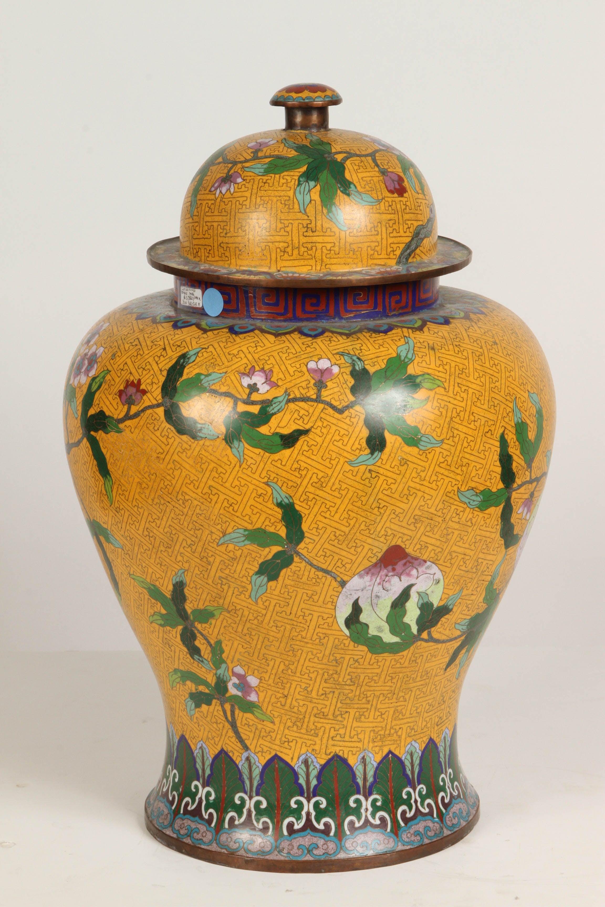 Asian A Yellow Cloisonne Temple Jar with Peaches 
