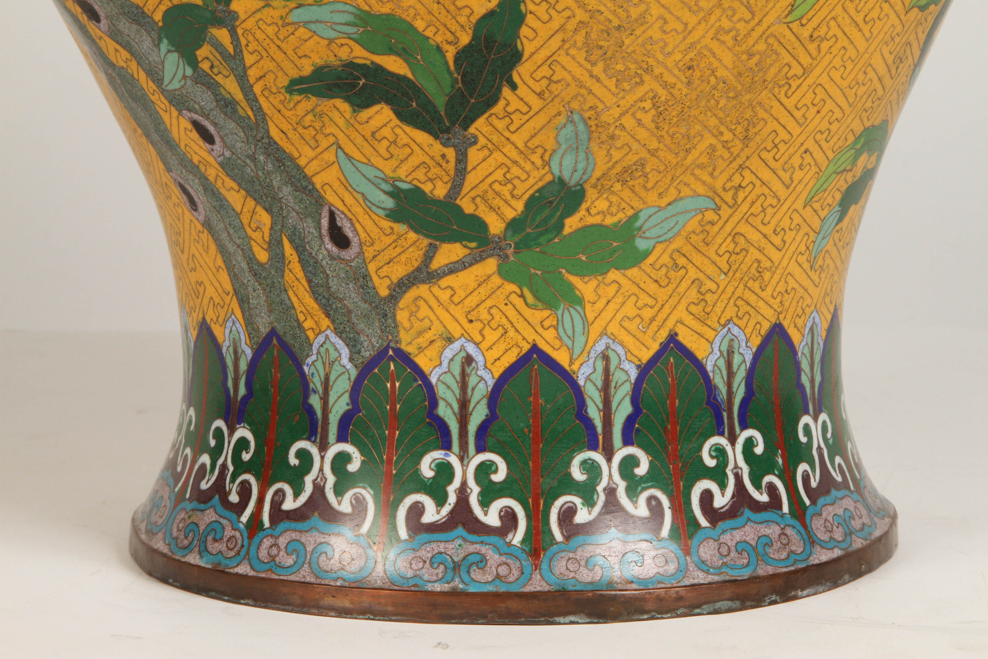 20th Century A Yellow Cloisonne Temple Jar with Peaches 
