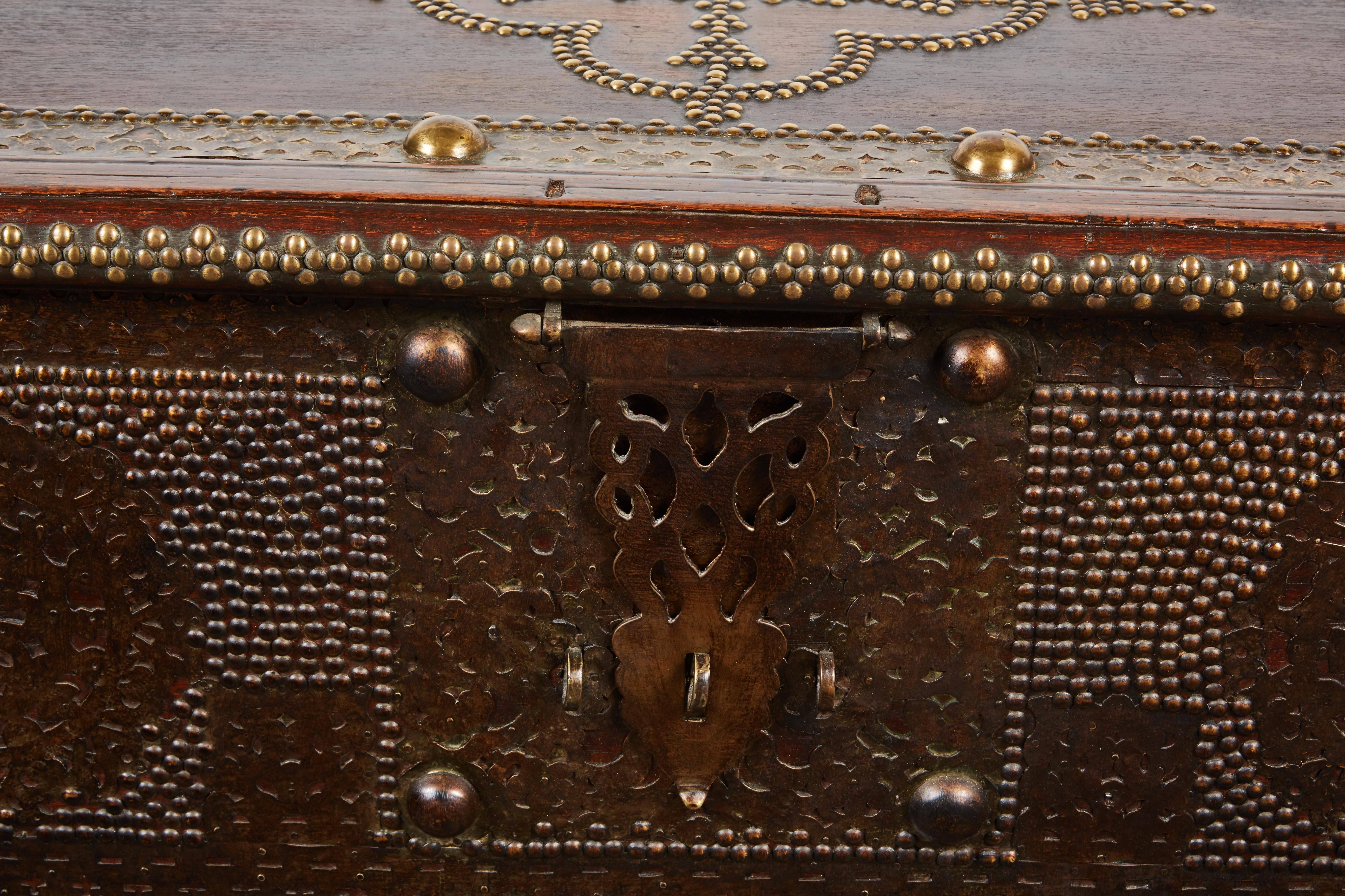 19th Century Indian Teak Trunk with Brass Nailhead Decoration In Good Condition In Pasadena, CA