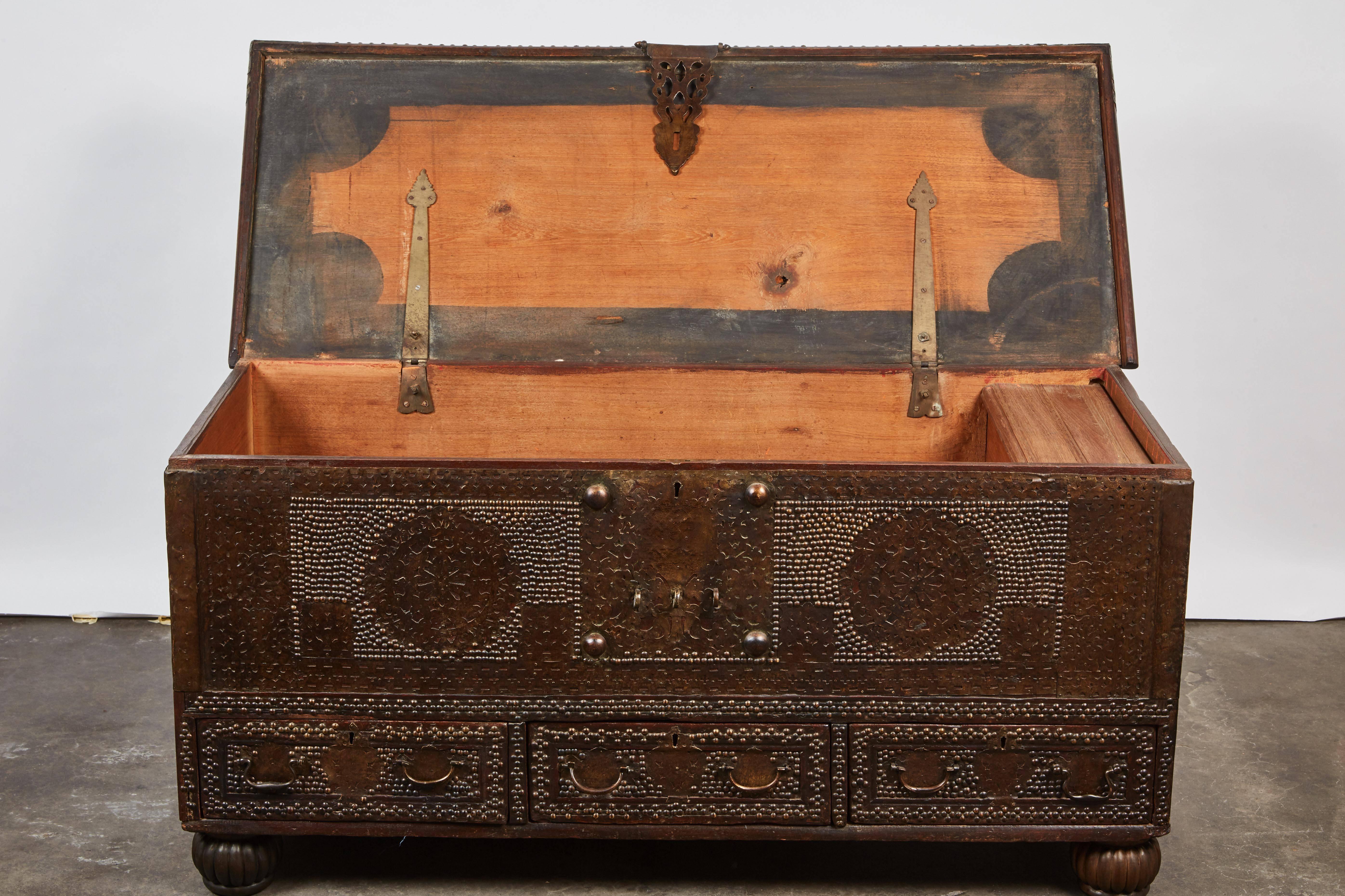 19th Century Indian Teak Trunk with Brass Nailhead Decoration 2