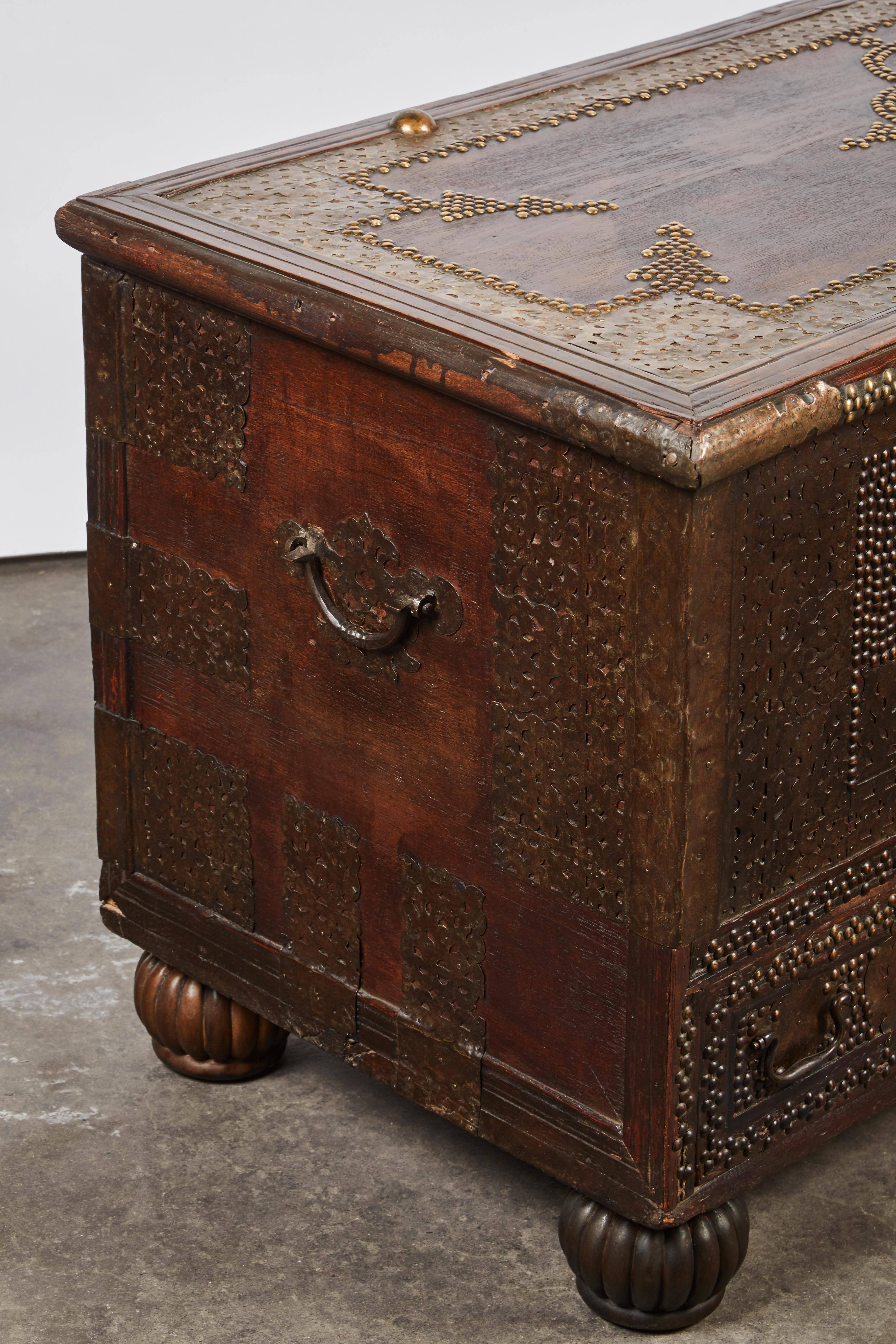 Rustic 19th Century Indian Teak Trunk with Brass Nailhead Decoration