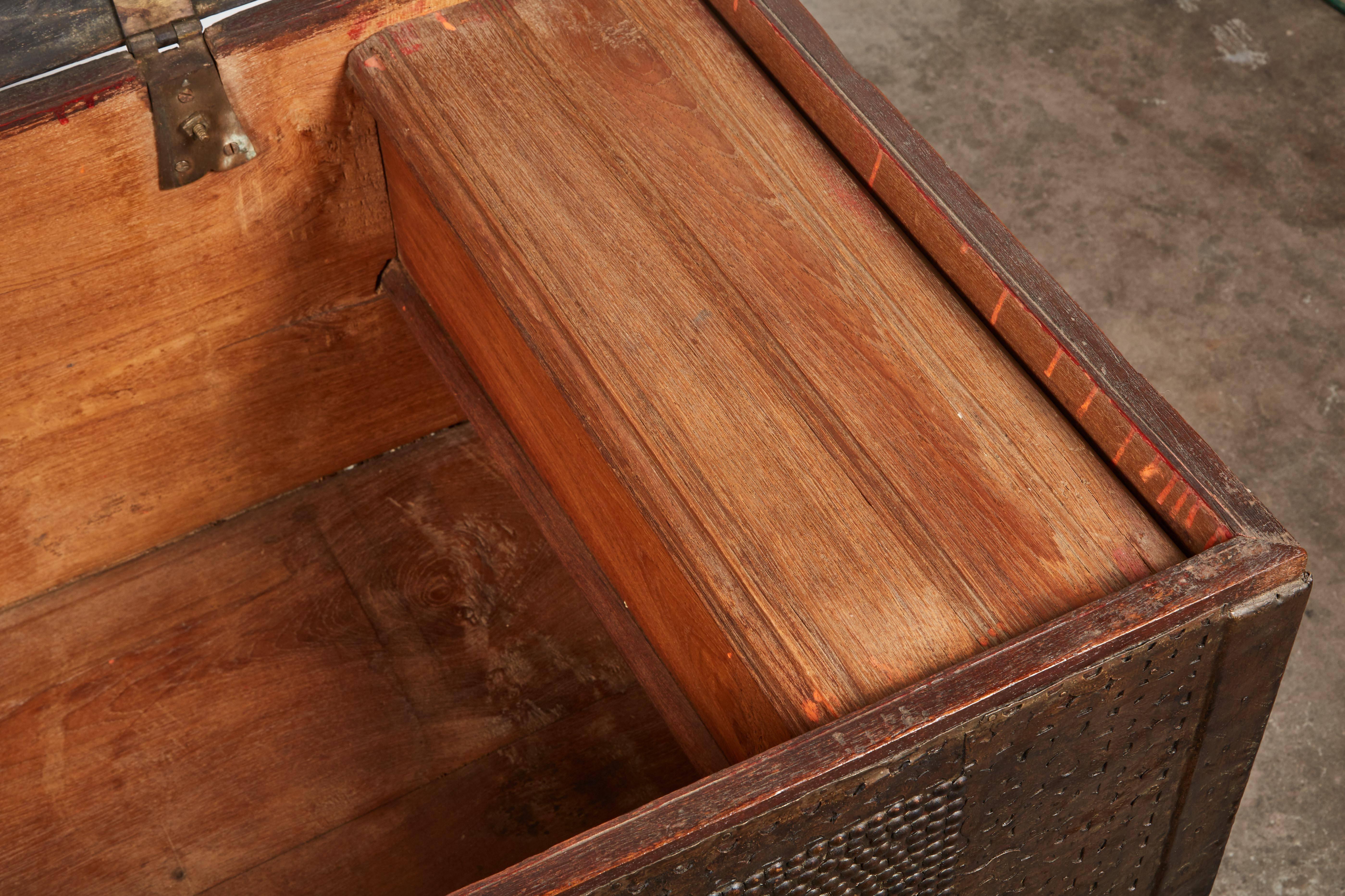 19th Century Indian Teak Trunk with Brass Nailhead Decoration 4