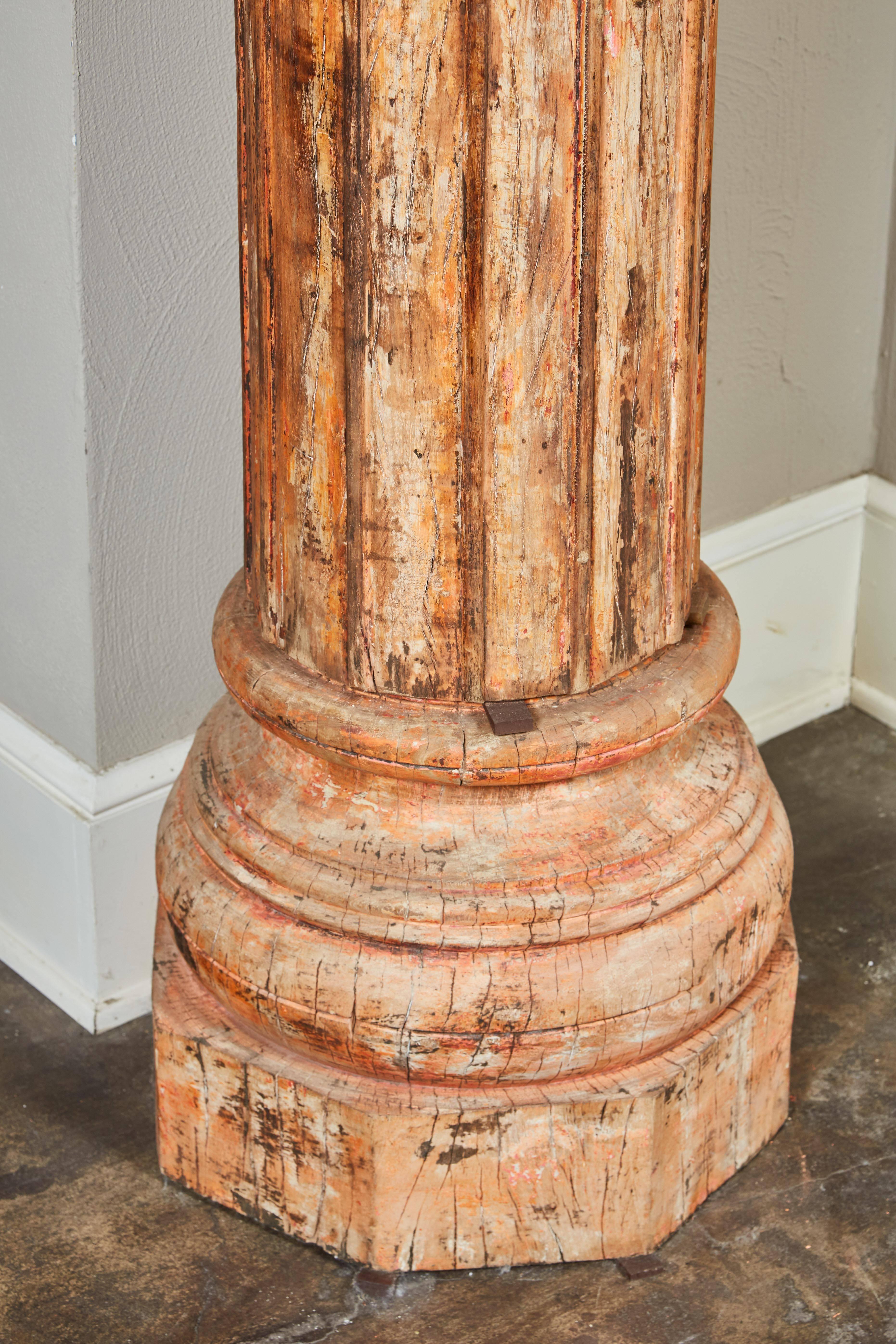 18th Century and Earlier 18th Century Pair of Orange Tall Indian Teak Wood Pillars For Sale