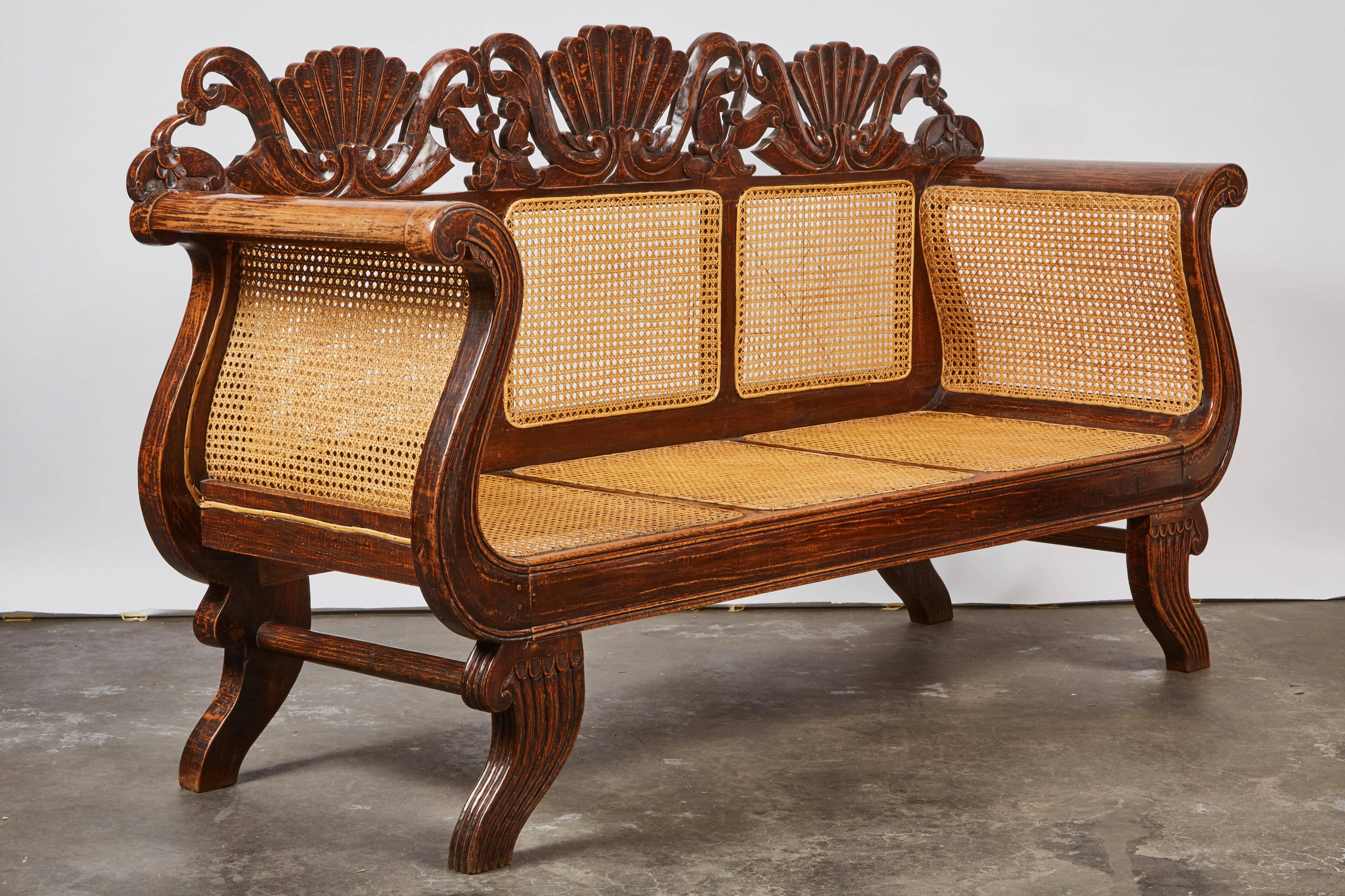 19th Century Indonesian Teak Settee with Carved Rattan/Wicker Back and Seat