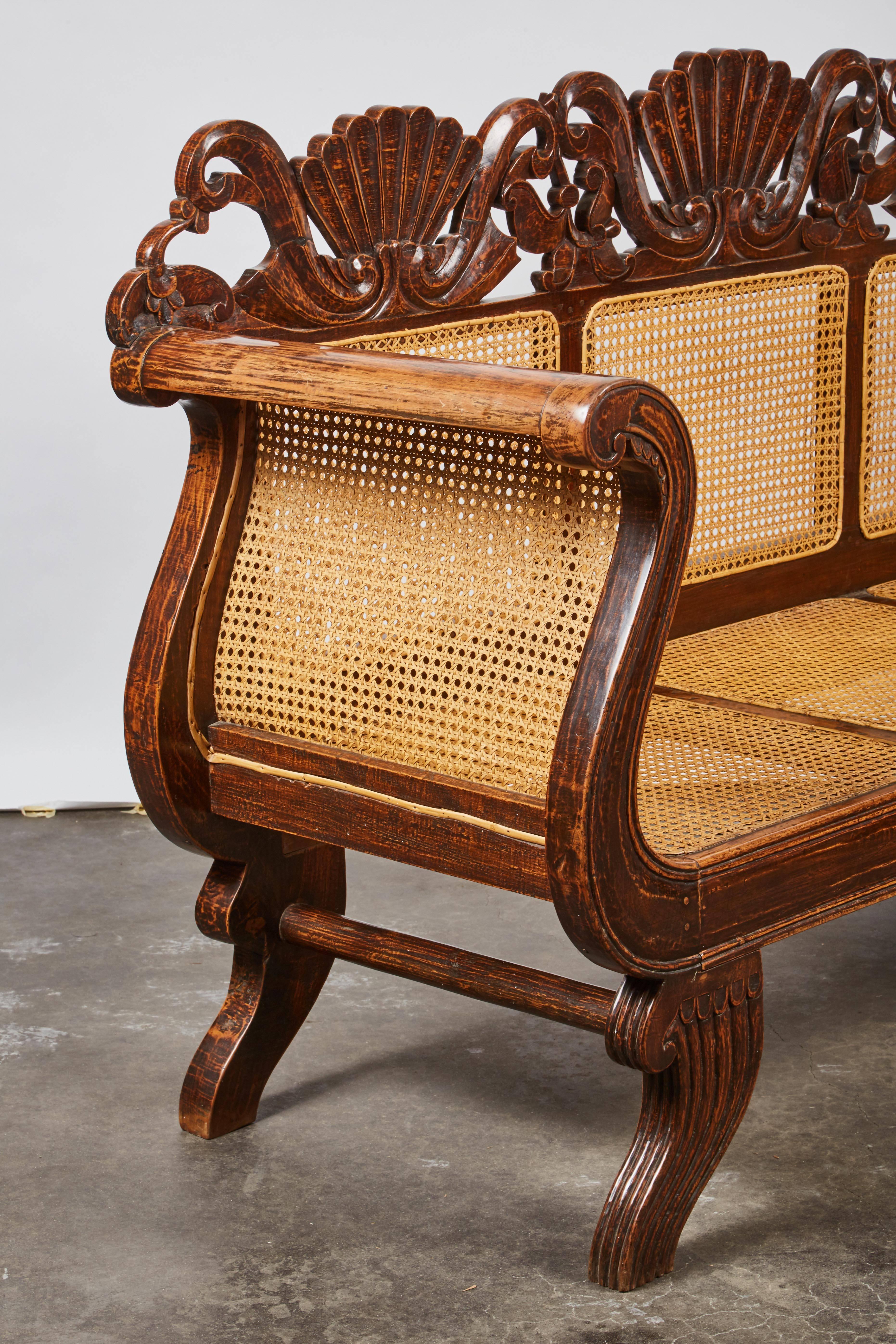 Indonesian Teak Settee with Carved Rattan/Wicker Back and Seat 1