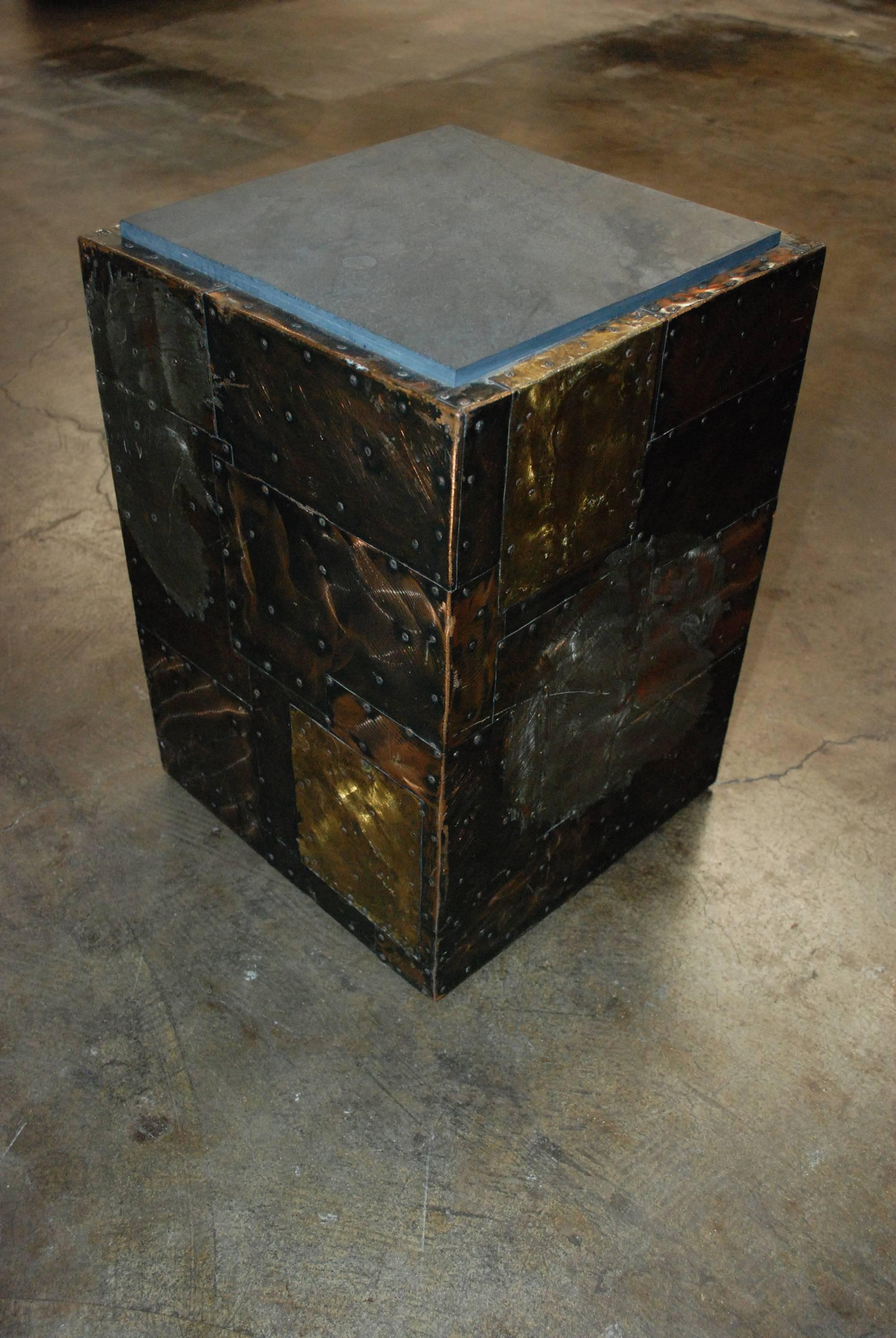 Brass Pair of Late 1960s Paul Evan’S Patchwork and Slate Side Tables