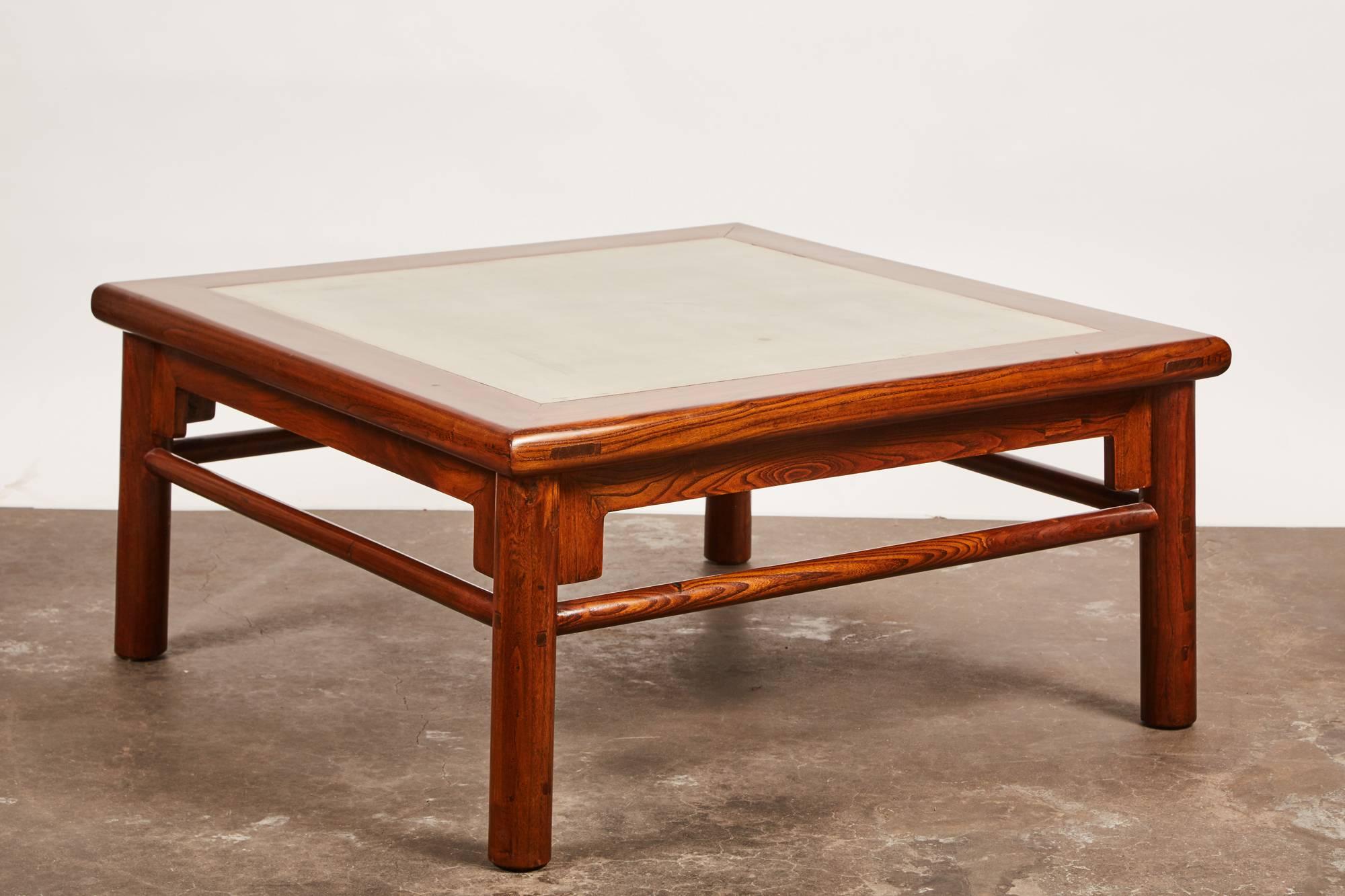 20th Century Ming Style Elm Coffee Table with a Green Stone Center Panel In Good Condition In Pasadena, CA