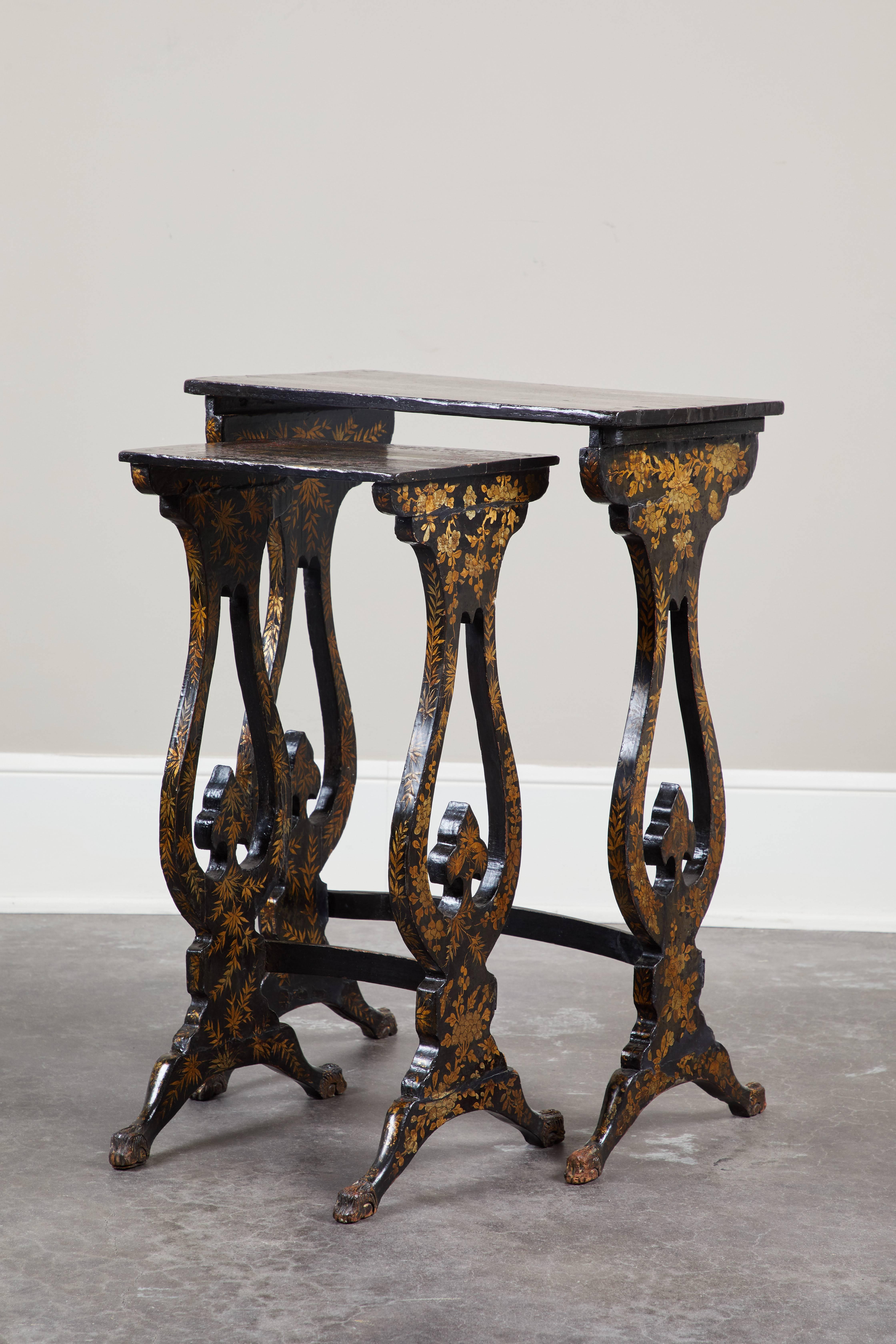 A pair of English Chinoiserie pine nesting tables, circa 1860 or earlier.