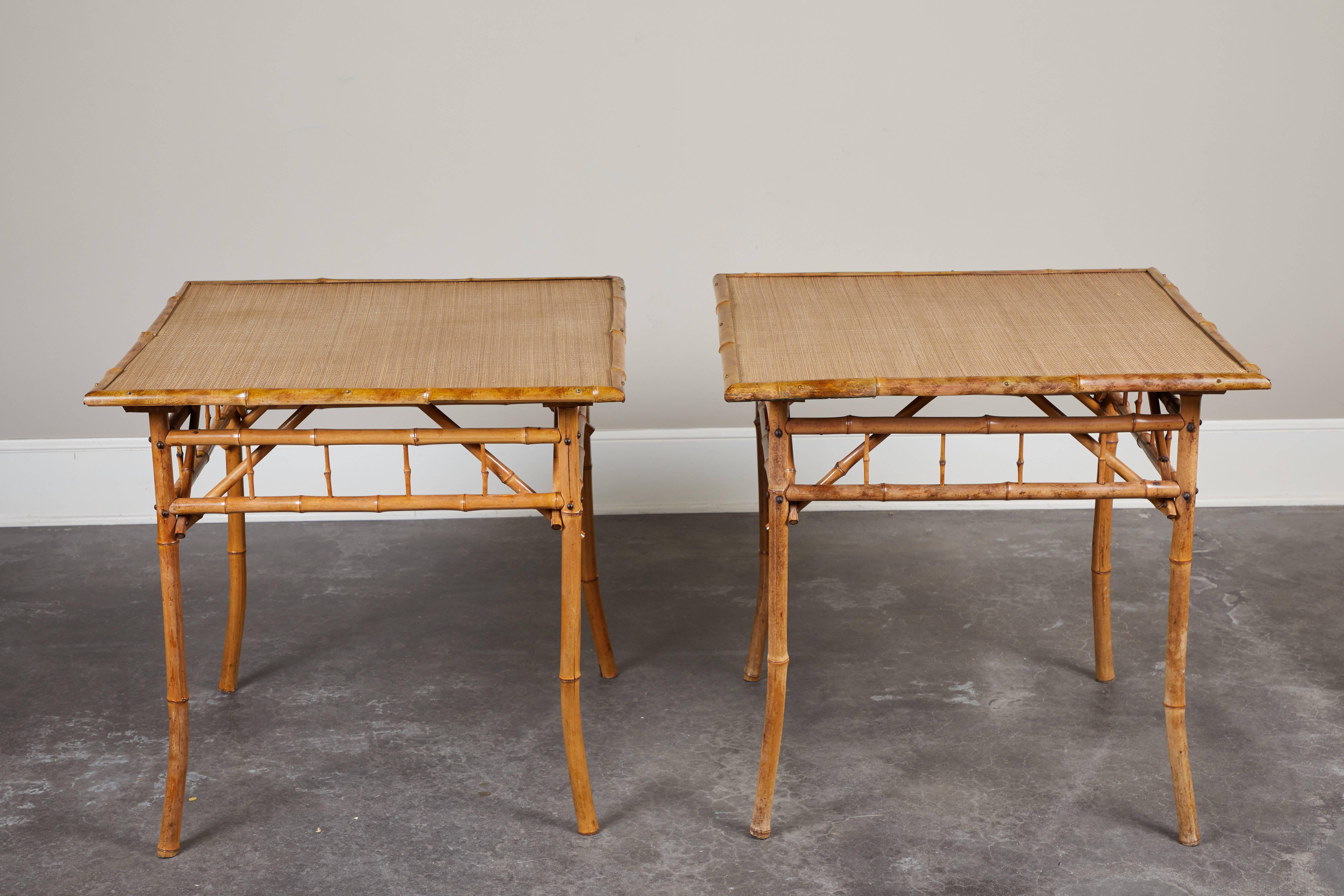 A pair of square Danish side table, circa early 20th century.  Great use as card table, end table, or paired together as a buffet in a gorgeous sunroom.  Light and airy aesthetic, with a handmade, rustic quality.
