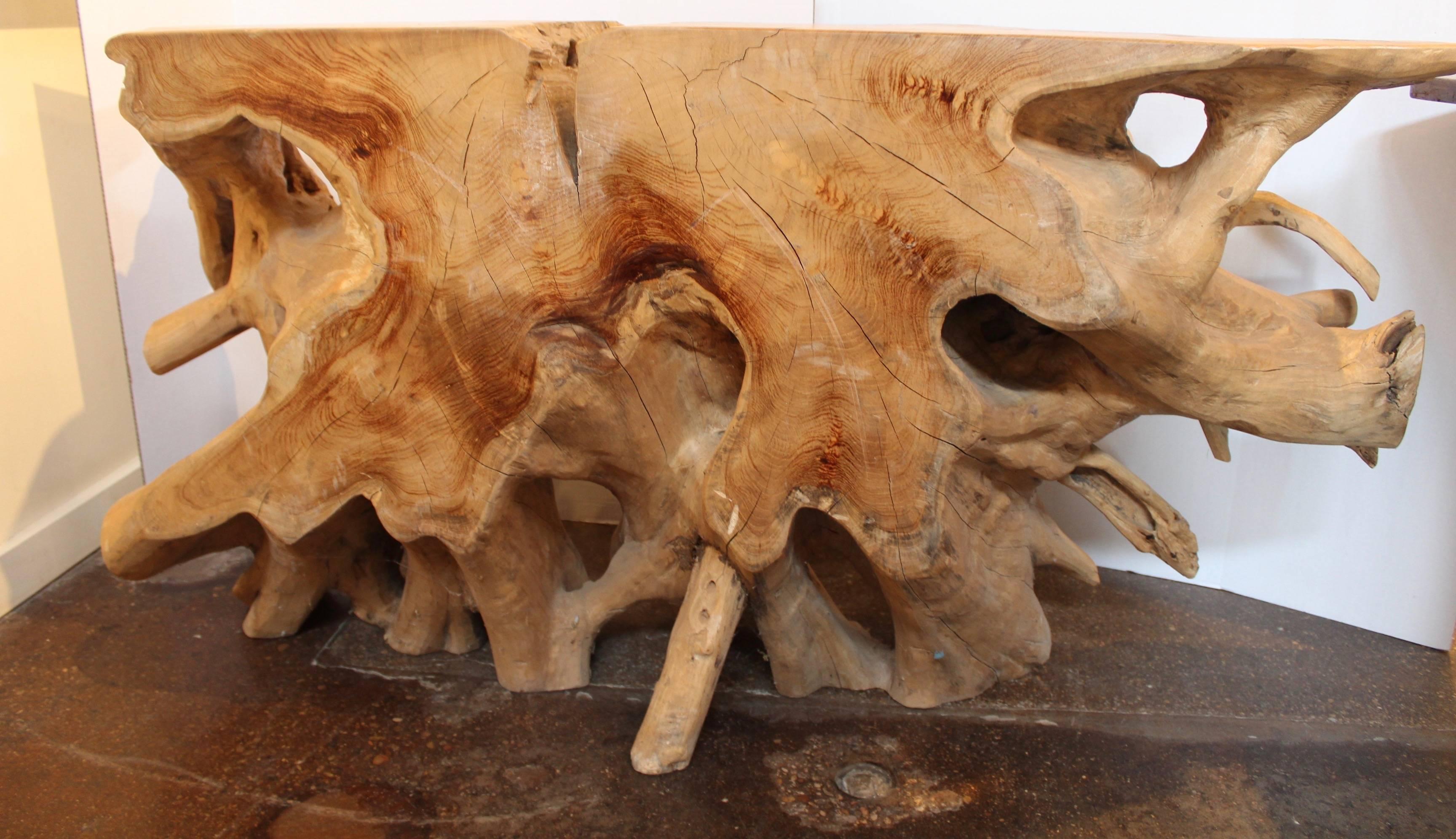 teak root console table