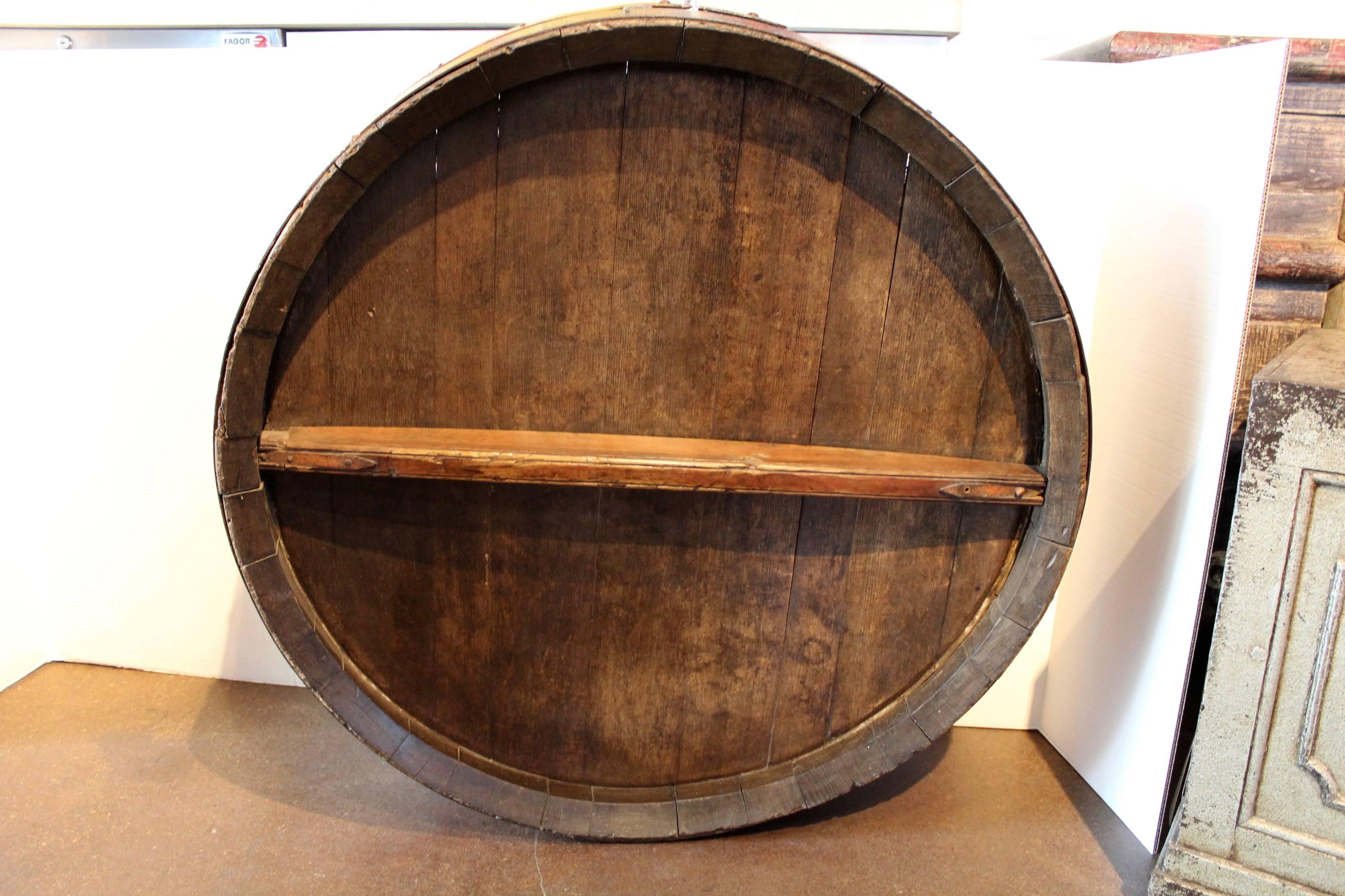 Oak Antique French Iron Banded Orange Wine Barrel as Wall Decor, circa 1880