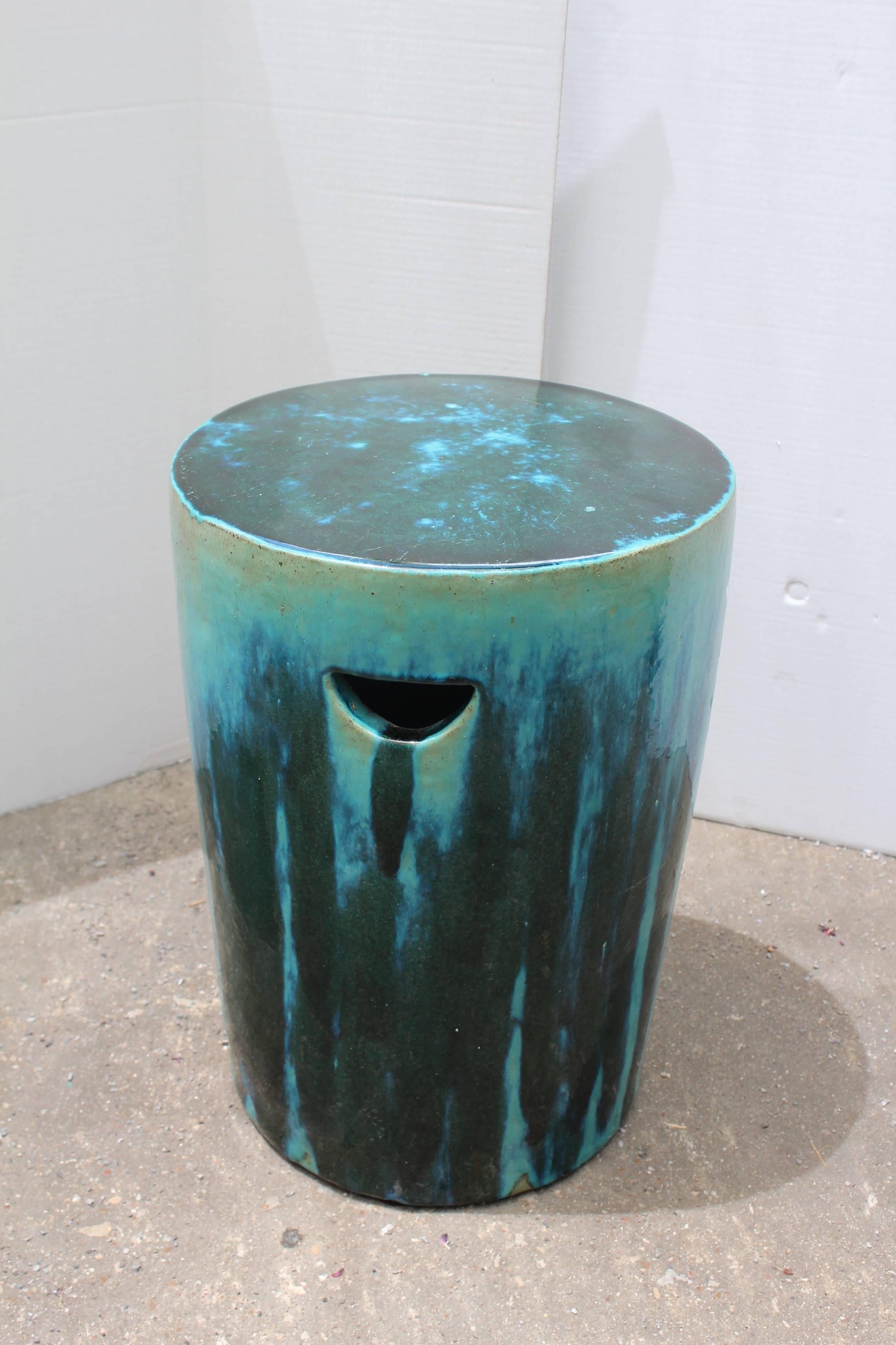 Green and Blue Dipped Glazed Ceramic Garden Stools In Good Condition In Dallas, TX