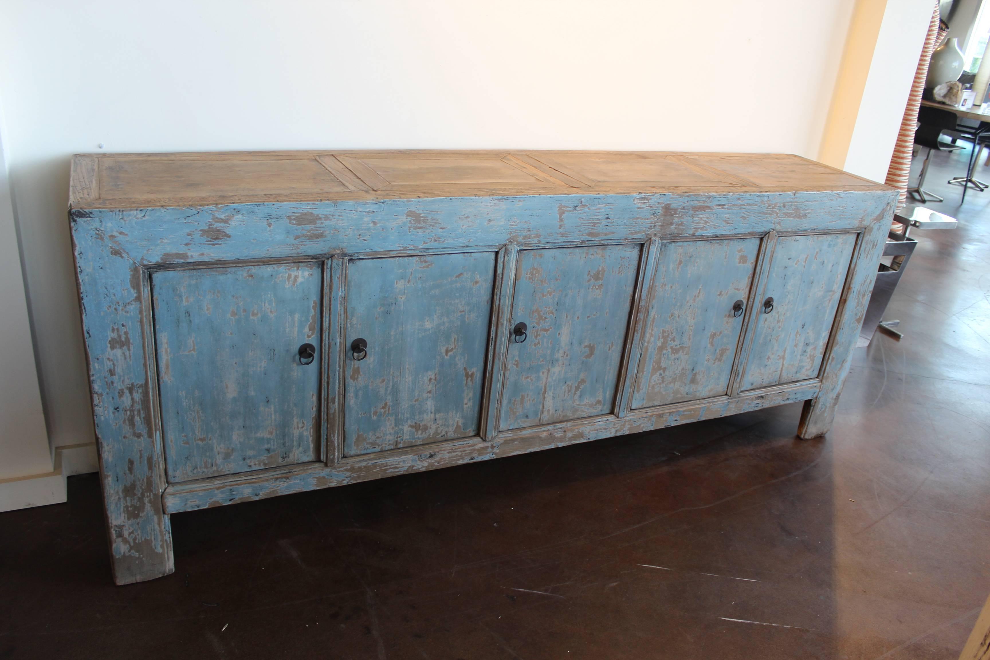 Other Antique Light Blue Five-Drawer Elm Sideboard