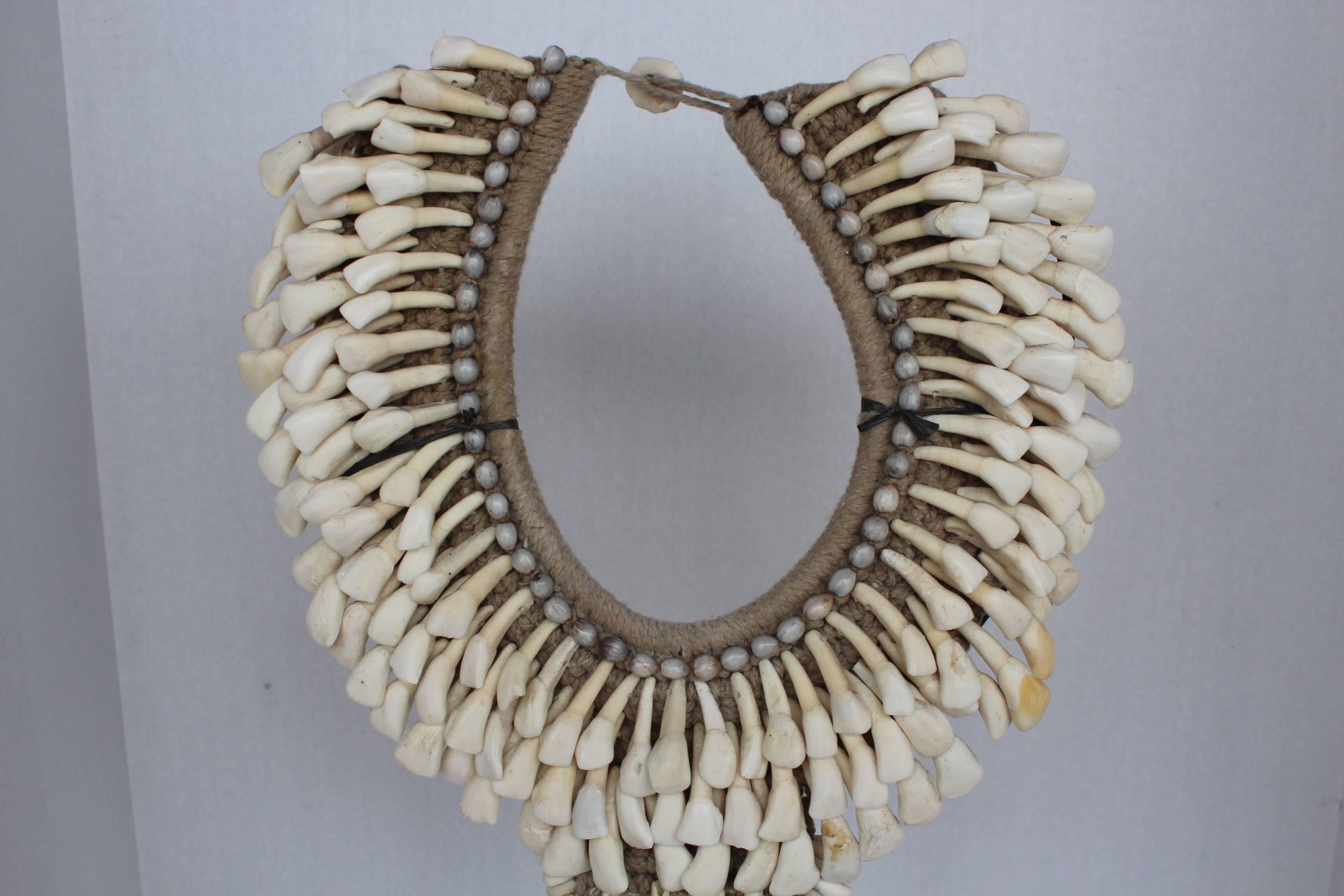 Papua New Guinean Decorative Tribal Tooth Long Pendant Necklace on Stand