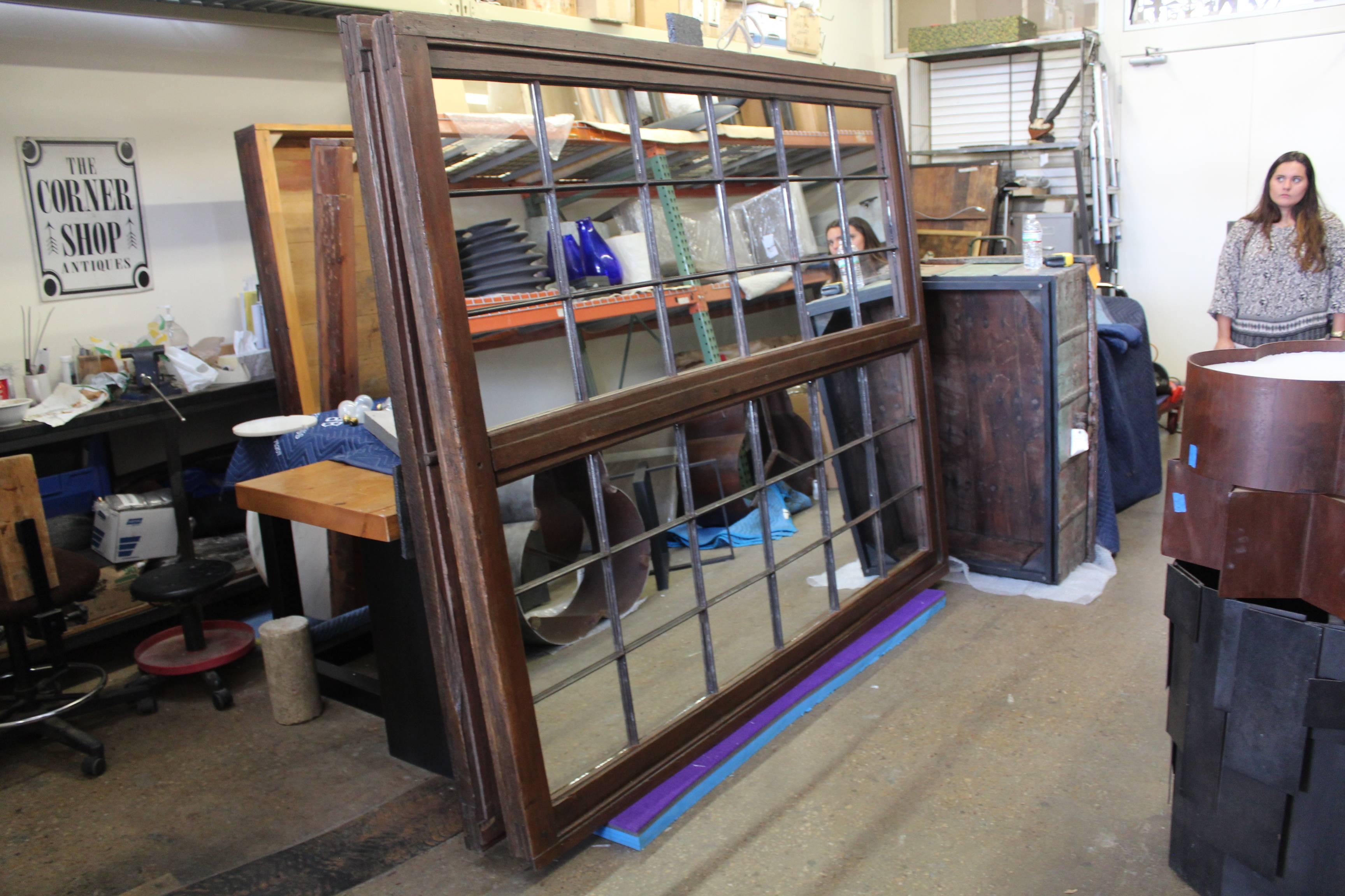 Antique polished oak Belgian window frame as mirror (can be hung vertical or horizontal).