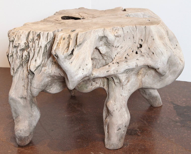Teak organic end table. A natural element with an antique character defined by weathered finished. This table is fashioned from the root system which remains after the teal tree is felled. The natural pattern created by the roots gives the end table