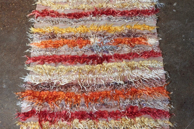 Vintage Vibrant Color Turkish Tulu Shaggy Runner In Excellent Condition In Dallas, TX