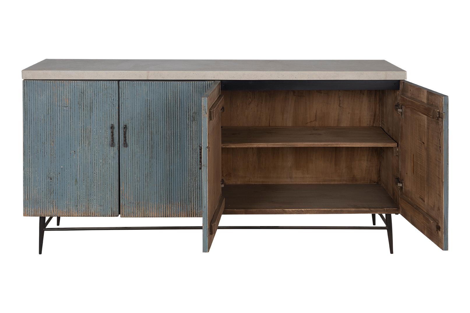 Rustic Four Door Reeded Server in Original Paint Patina with Limestone Top For Sale