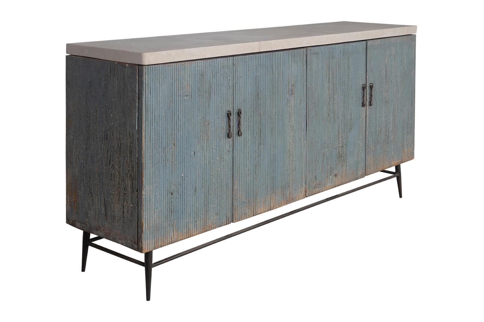 Four Door Reeded Server in Original Paint Patina with Limestone Top In Good Condition For Sale In Dallas, TX