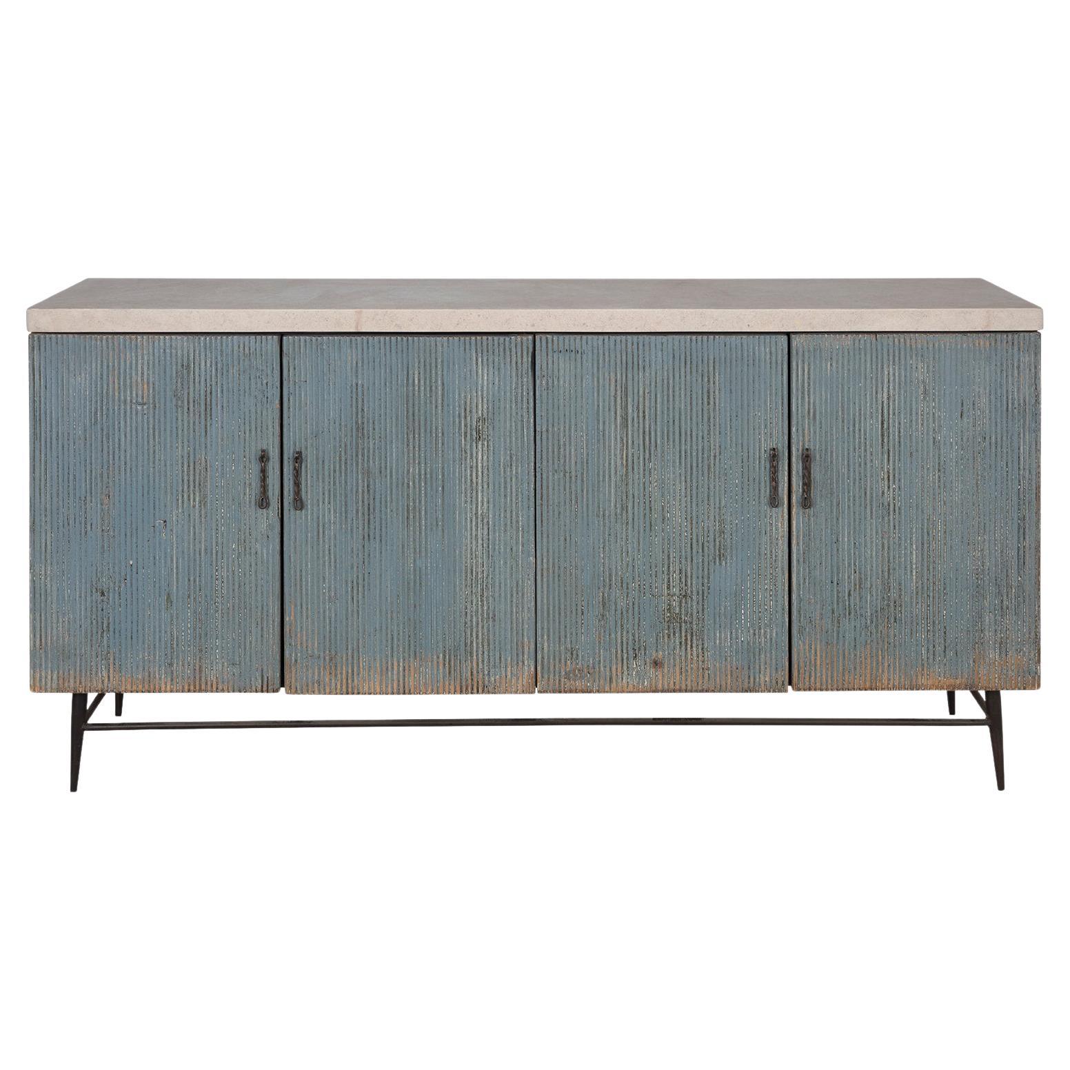 Four Door Reeded Server in Original Paint Patina with Limestone Top